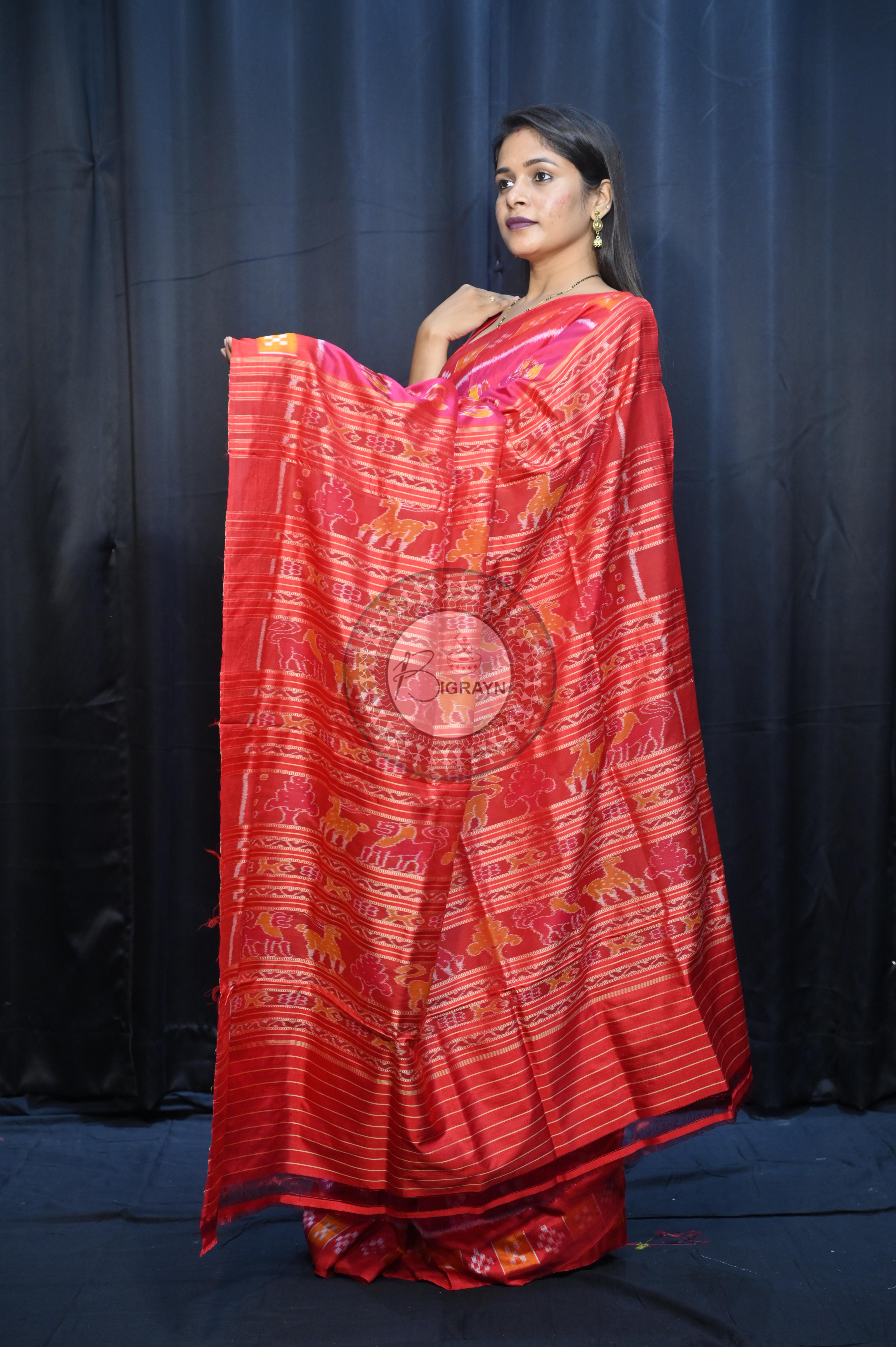 Magenta Red Partly Design Elephant Mulberry Silk Saree