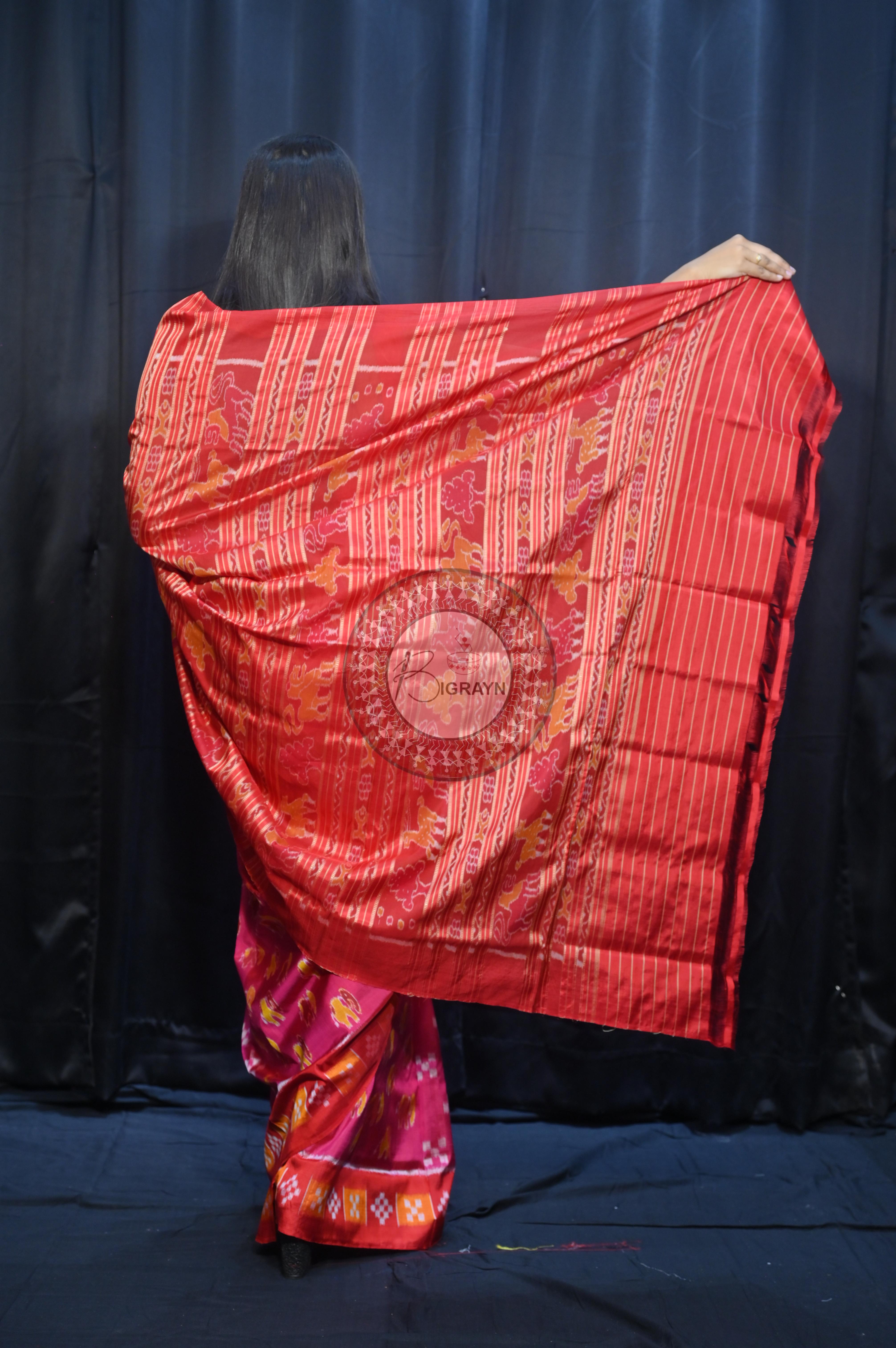 Magenta Red Partly Design Elephant Mulberry Silk Saree