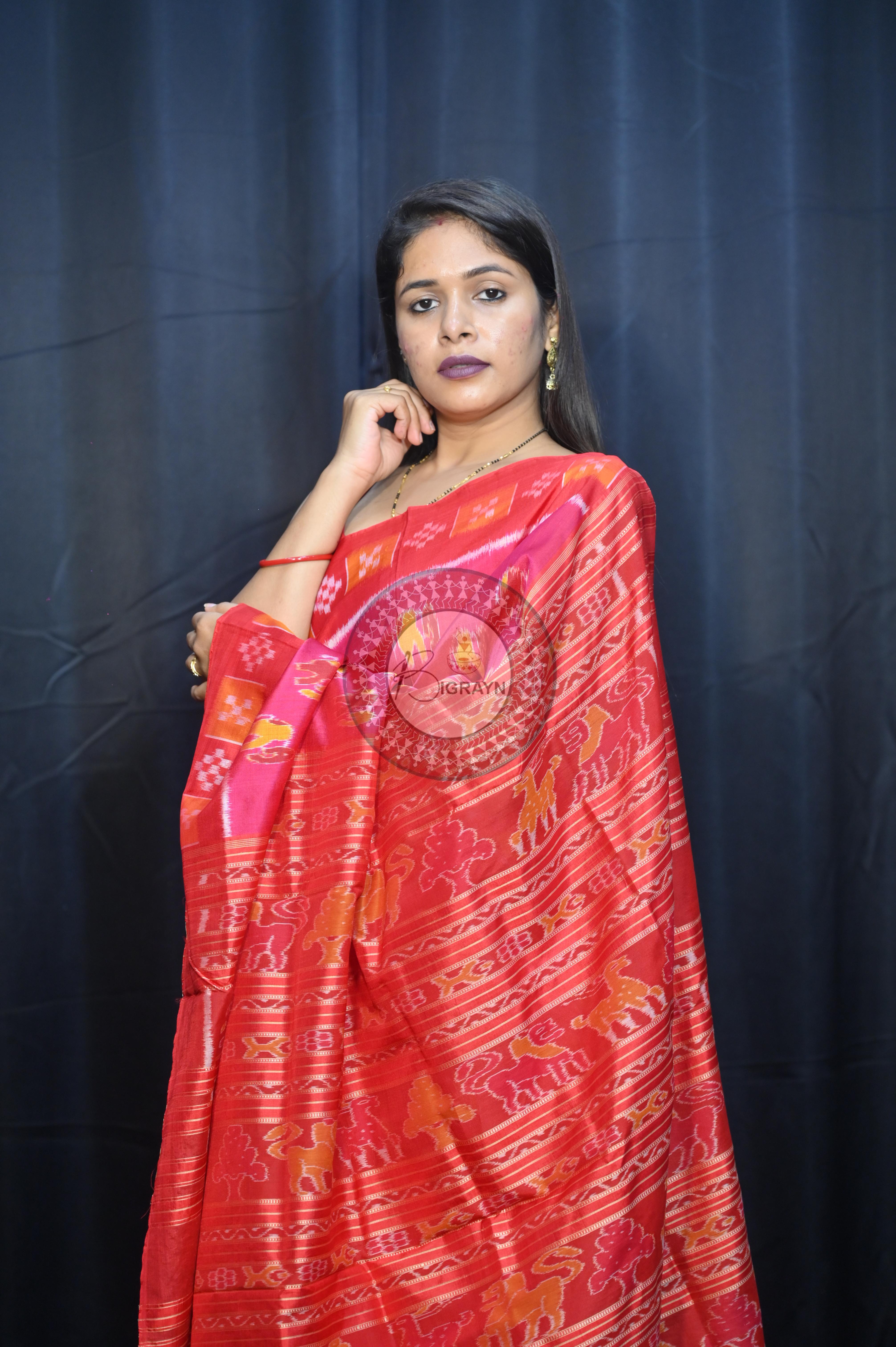 Magenta Red Partly Design Elephant Mulberry Silk Saree