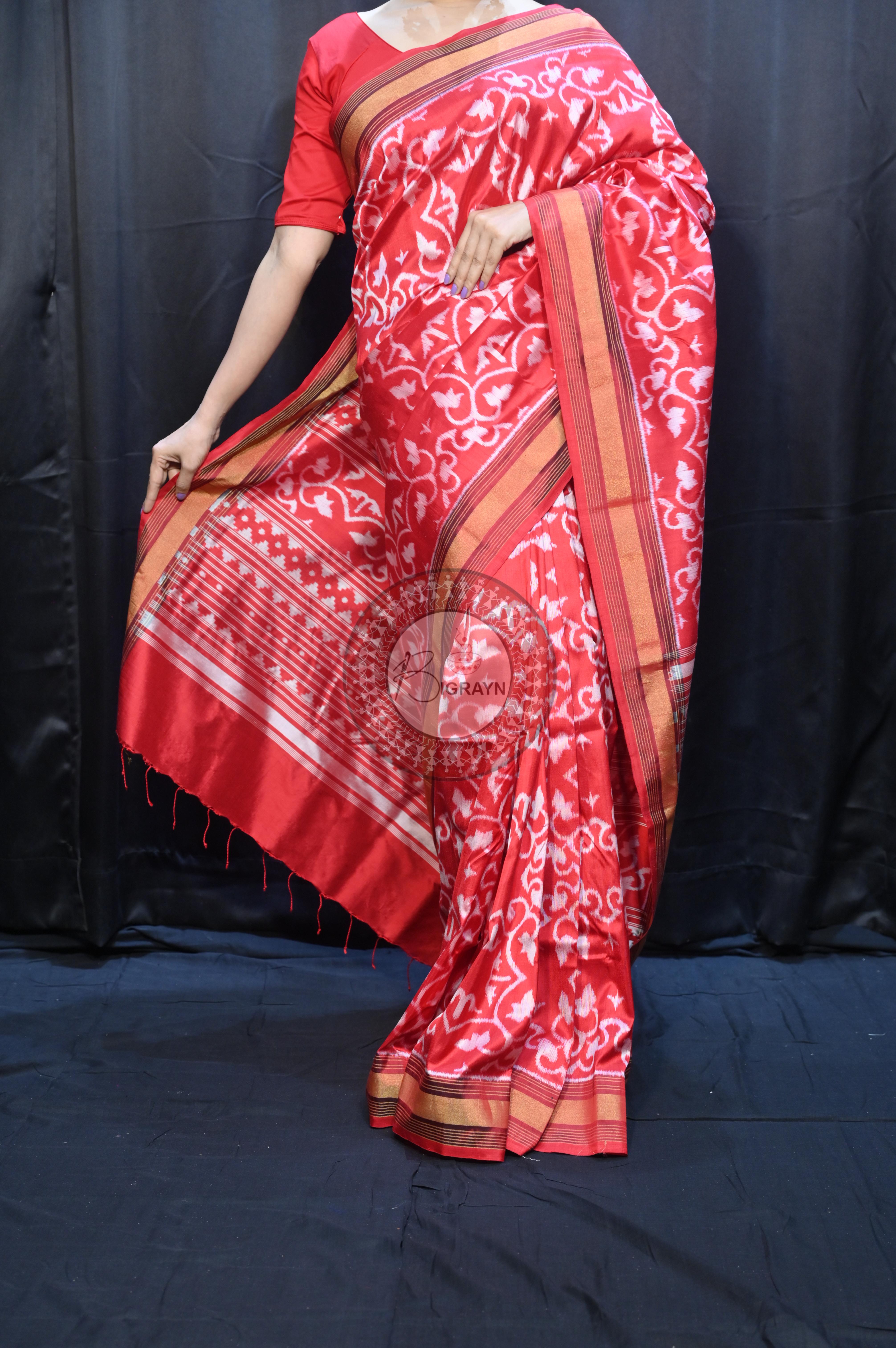 Red Madhu Malati Mulberry Silk Saree