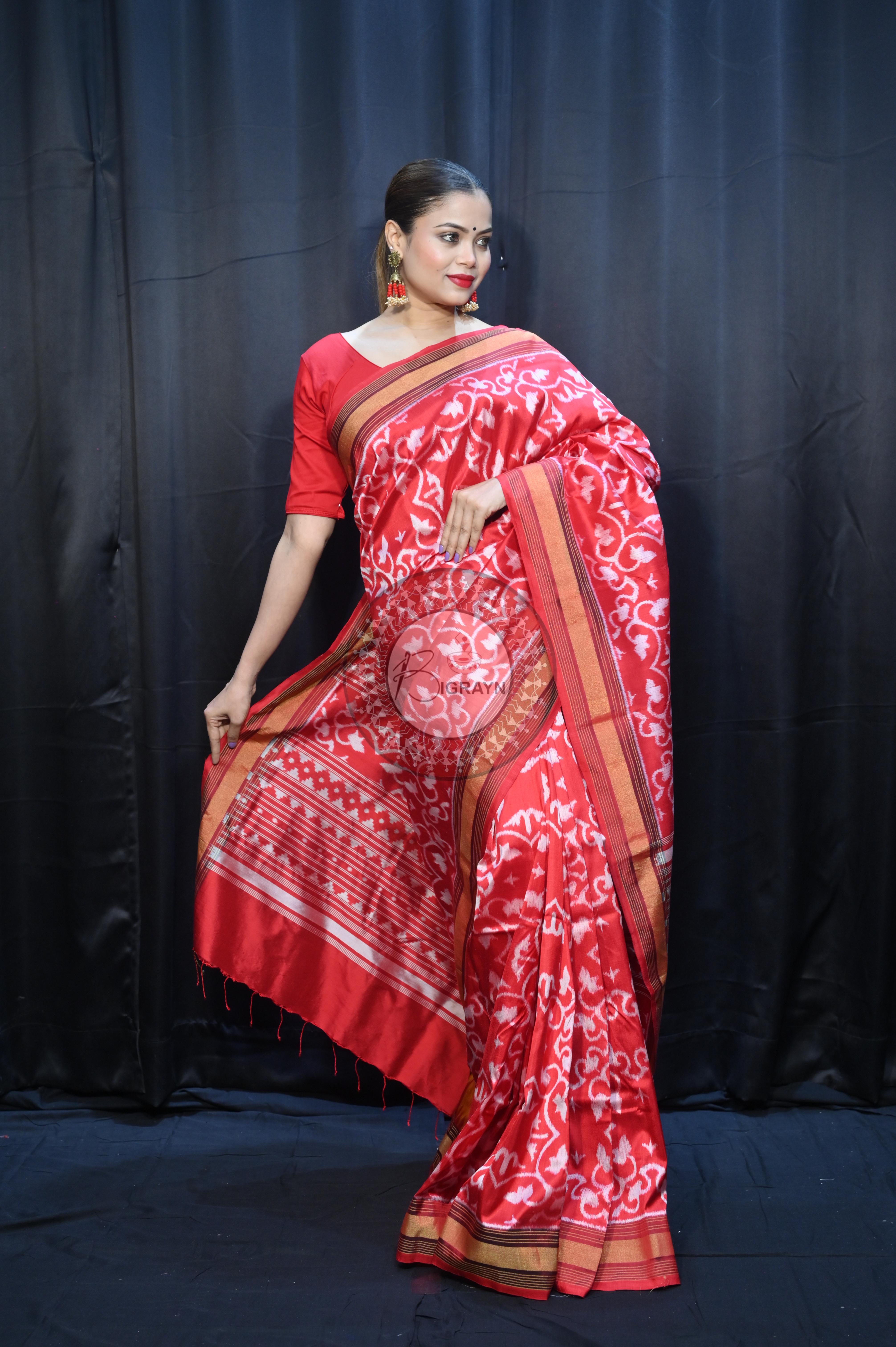 Red Madhu Malati Mulberry Silk Saree