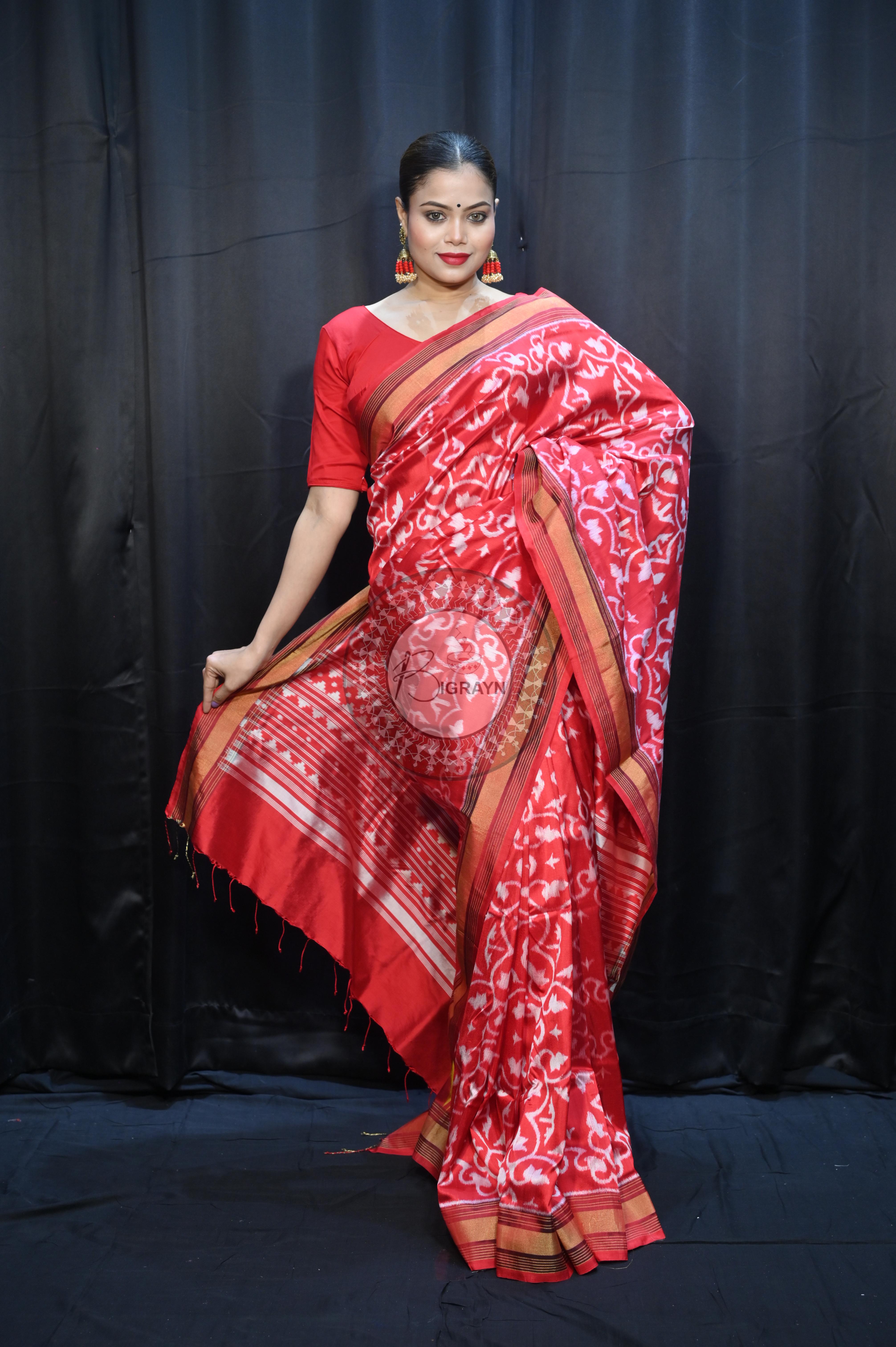 Red Madhu Malati Mulberry Silk Saree