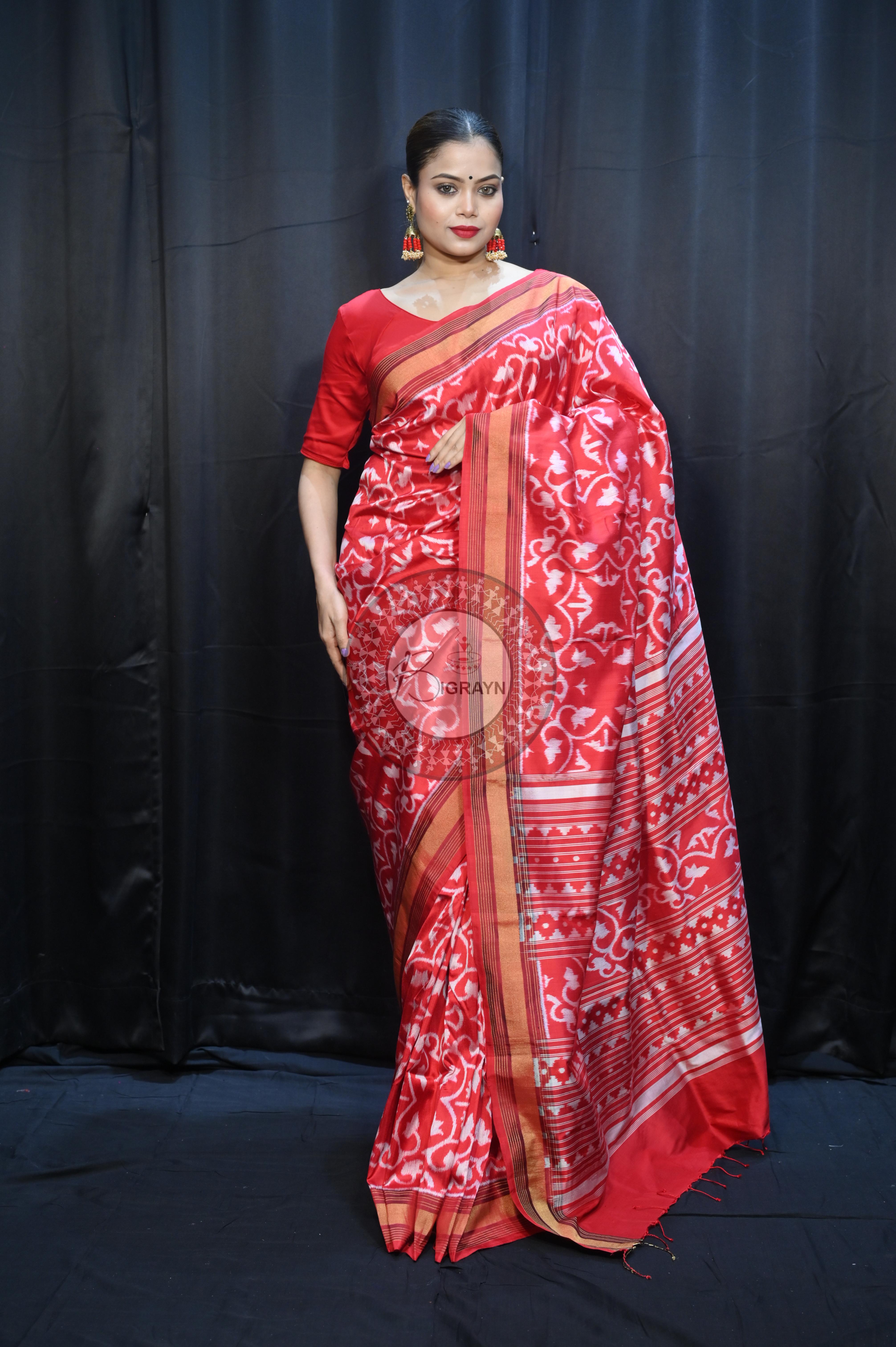 Red Madhu Malati Mulberry Silk Saree