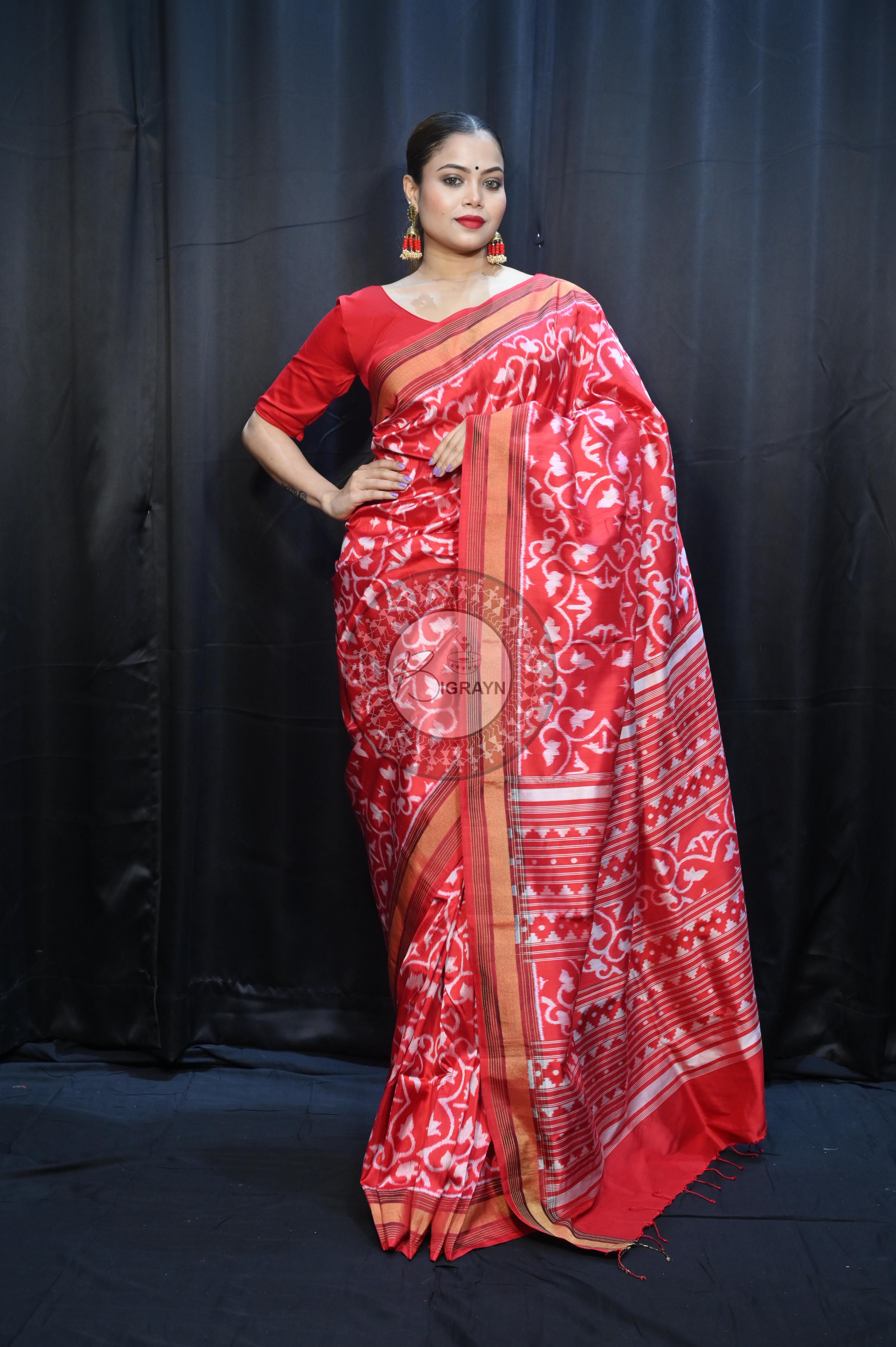 Red Madhu Malati Mulberry Silk Saree