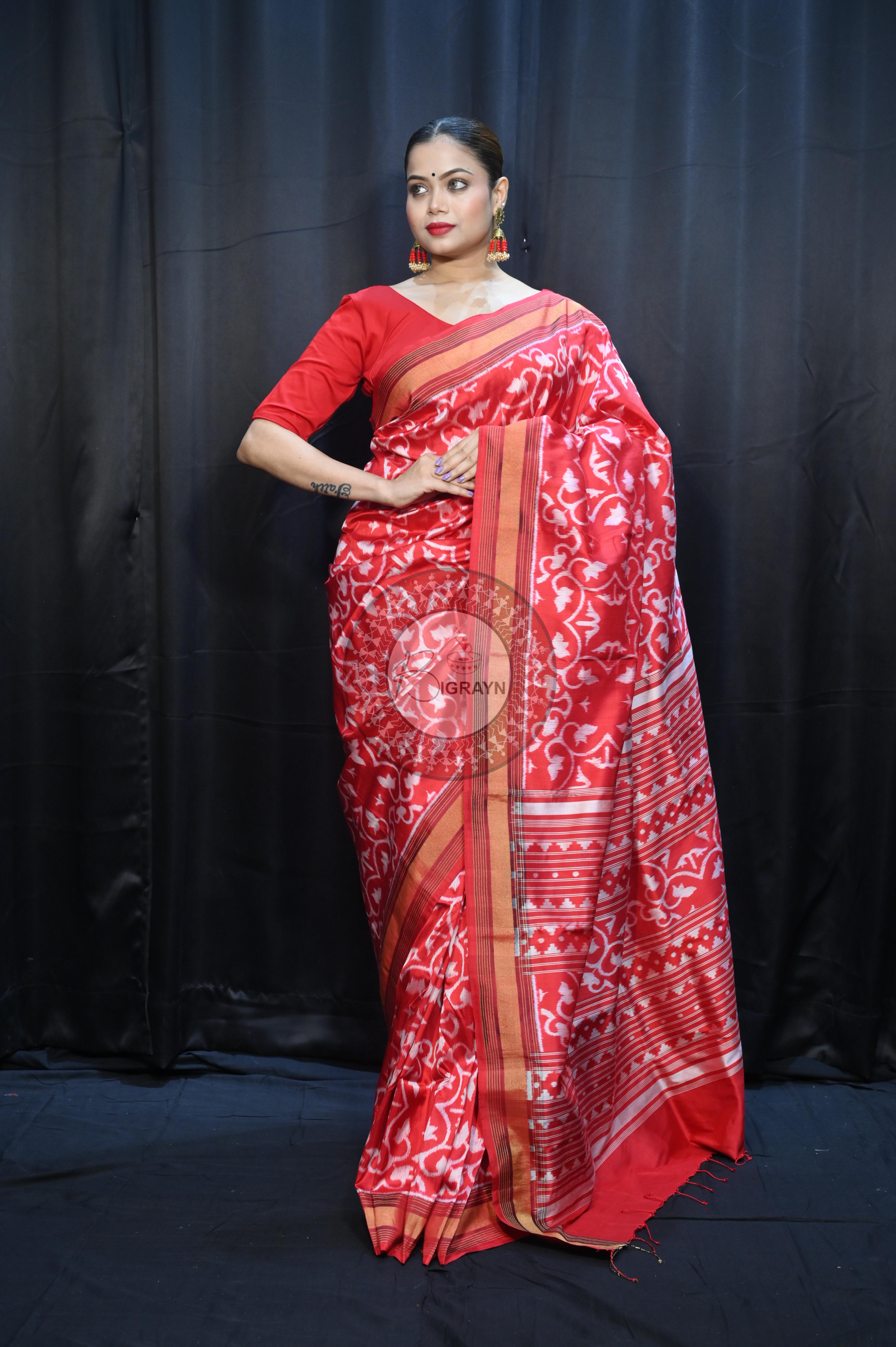 Red Madhu Malati Mulberry Silk Saree