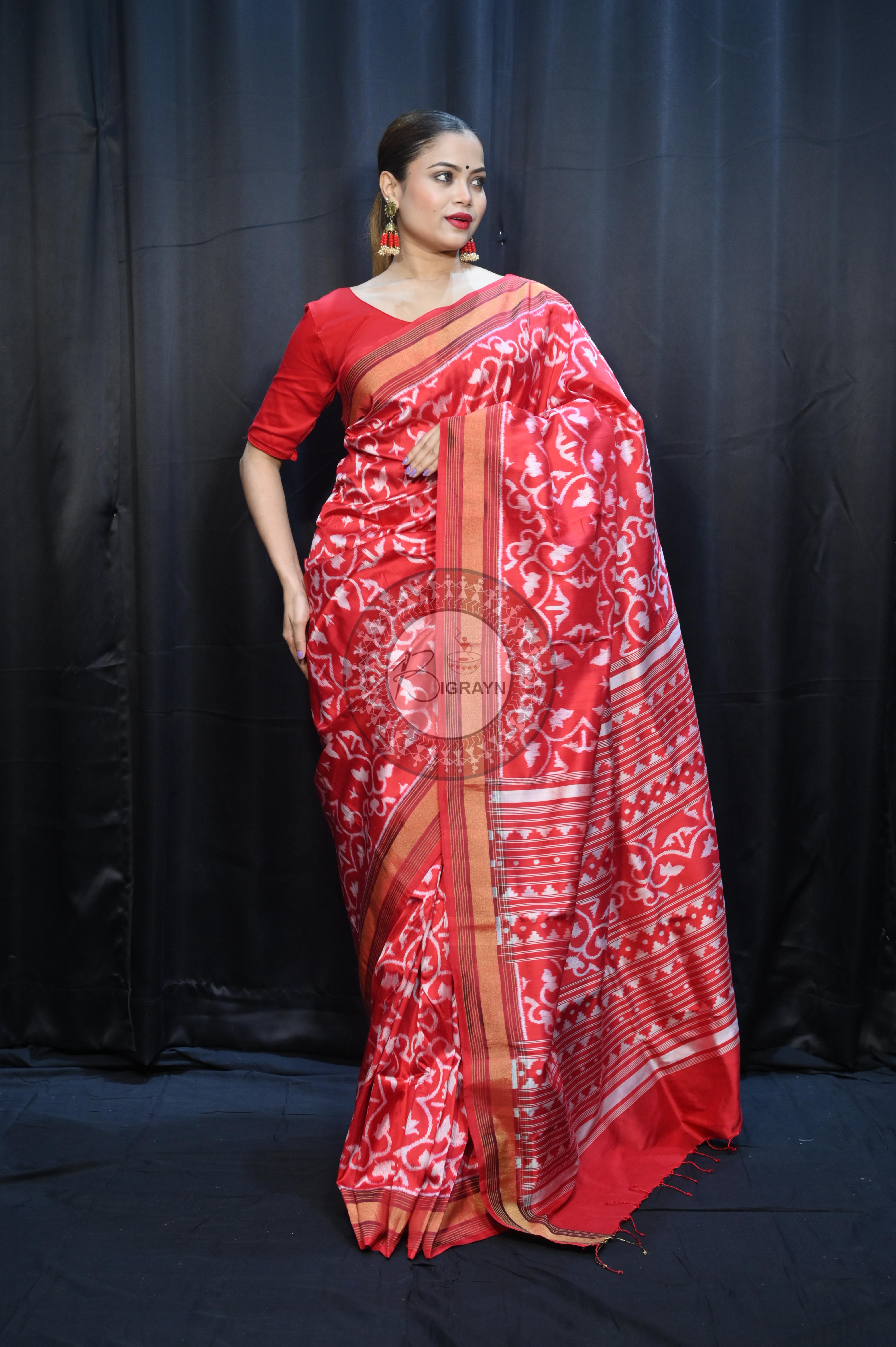 Red Madhu Malati Mulberry Silk Saree