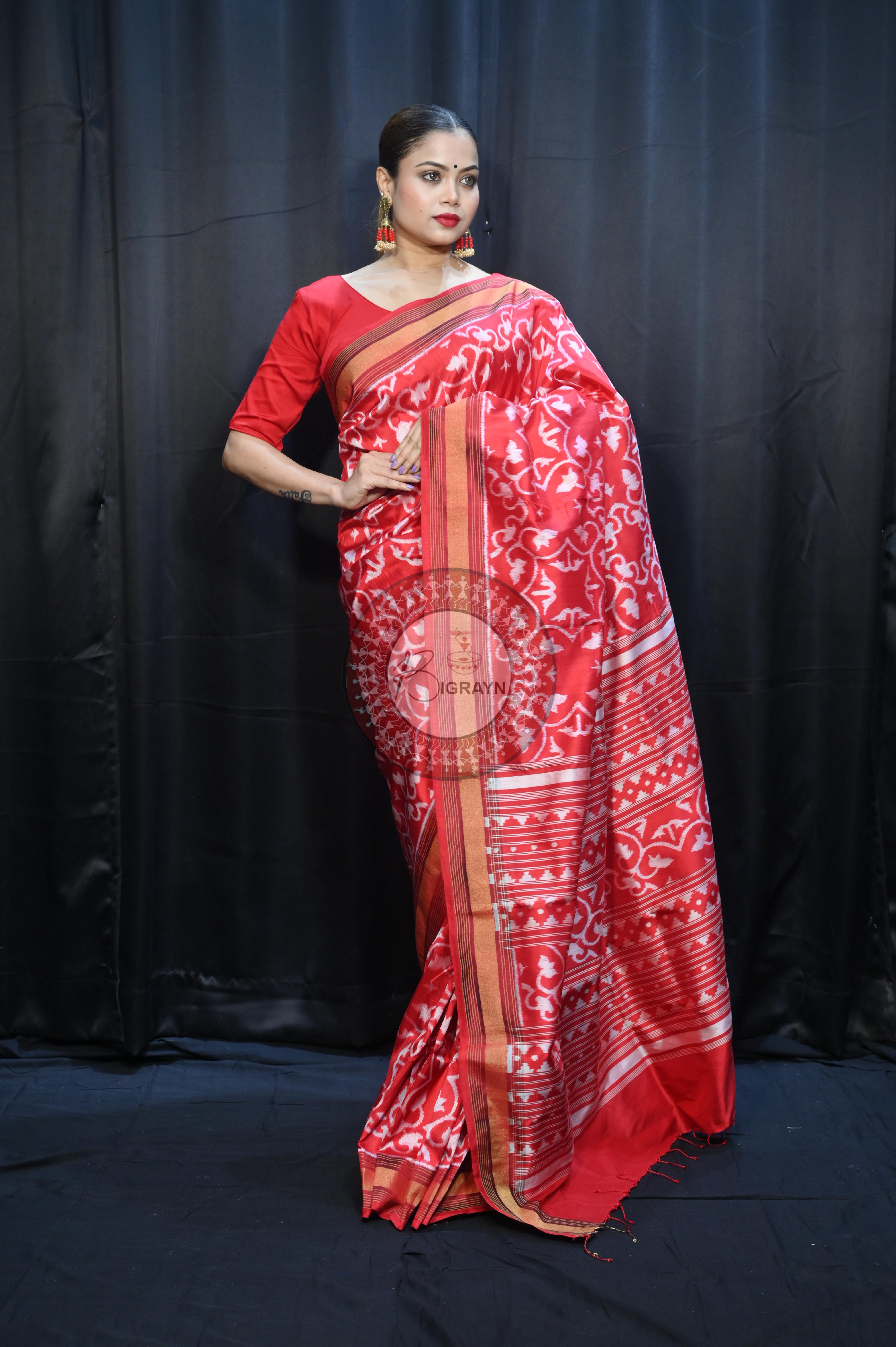 Red Madhu Malati Mulberry Silk Saree