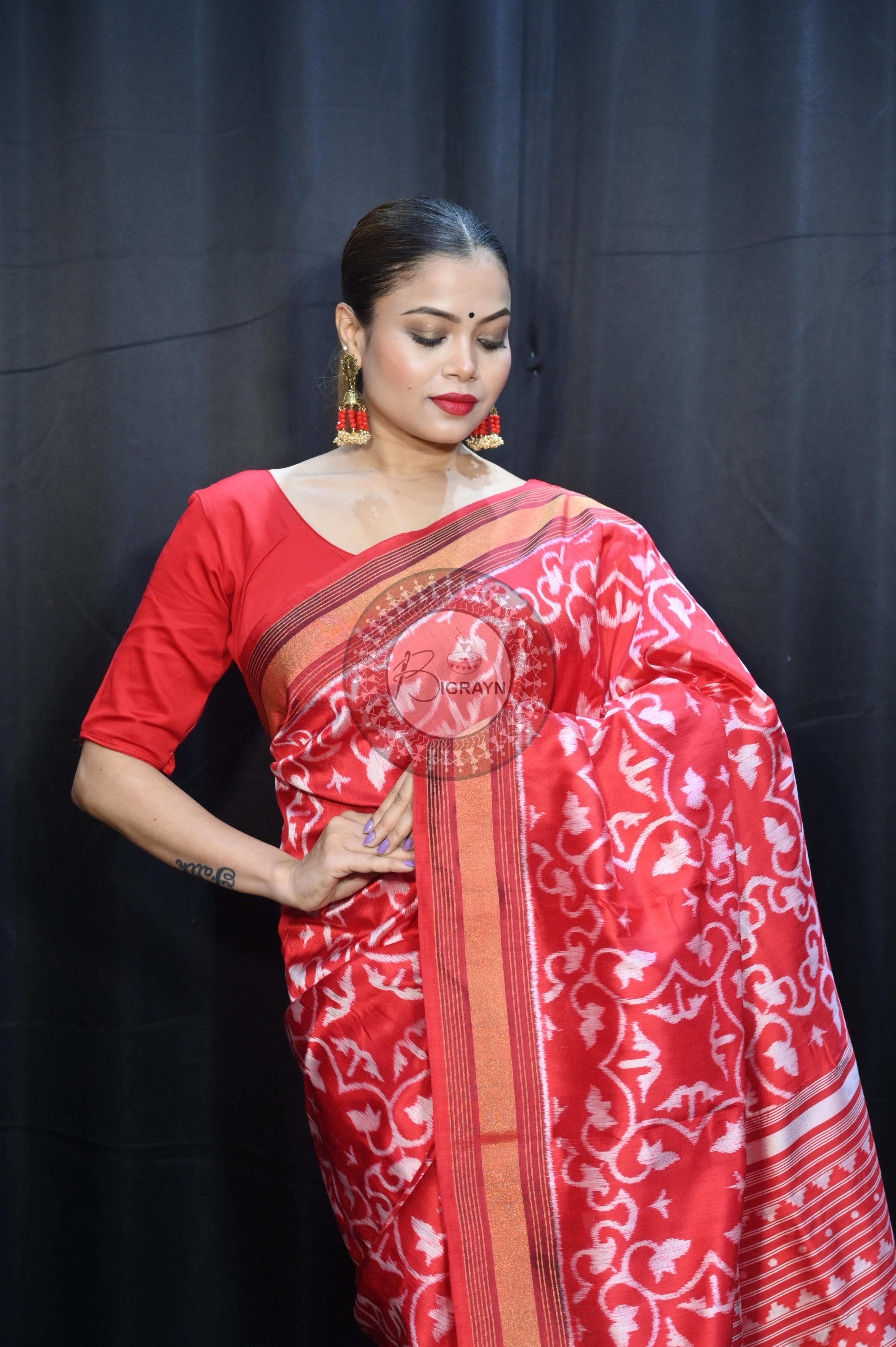 Red Madhu Malati Mulberry Silk Saree