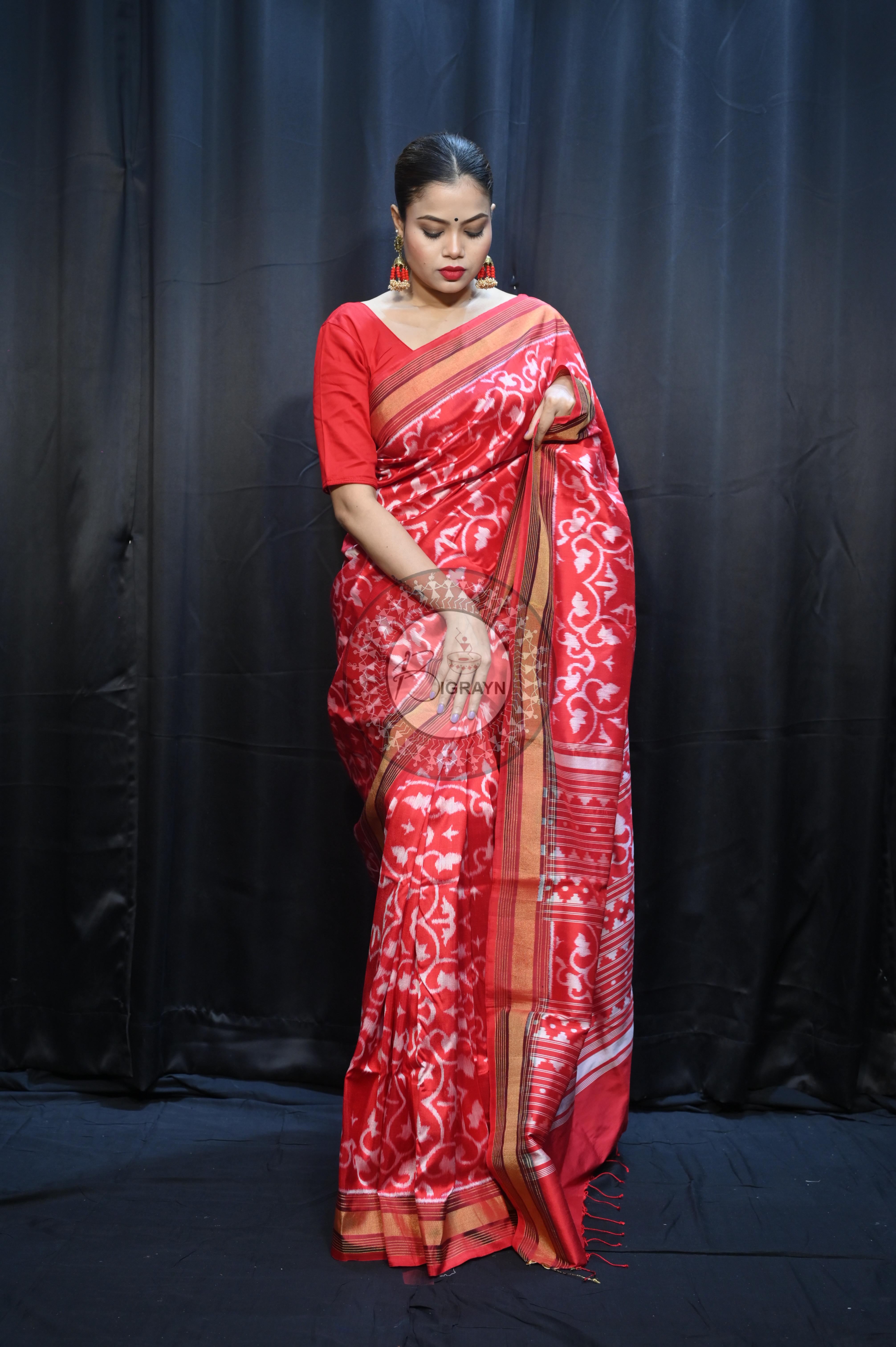Red Madhu Malati Mulberry Silk Saree