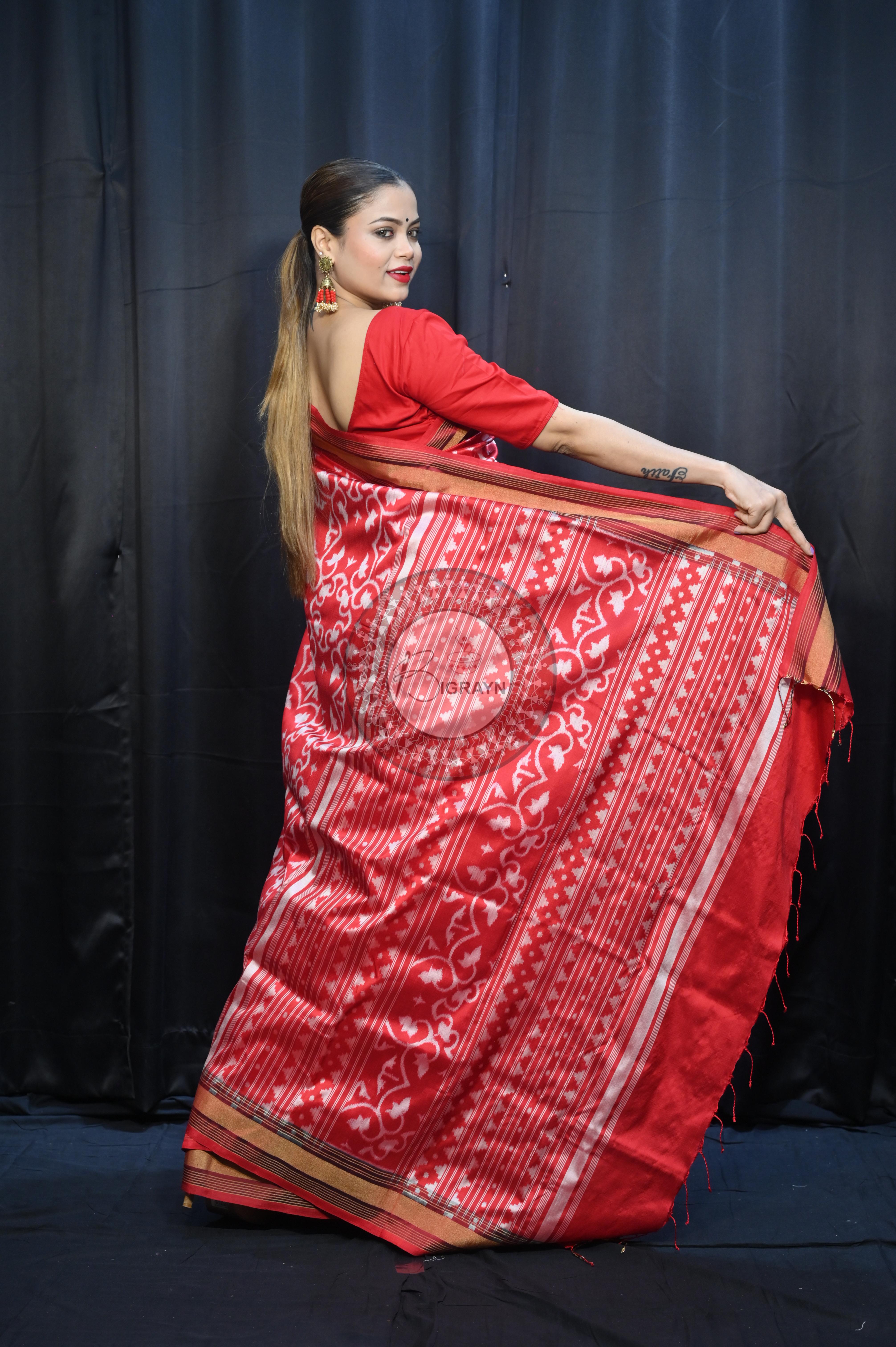 Red Madhu Malati Mulberry Silk Saree