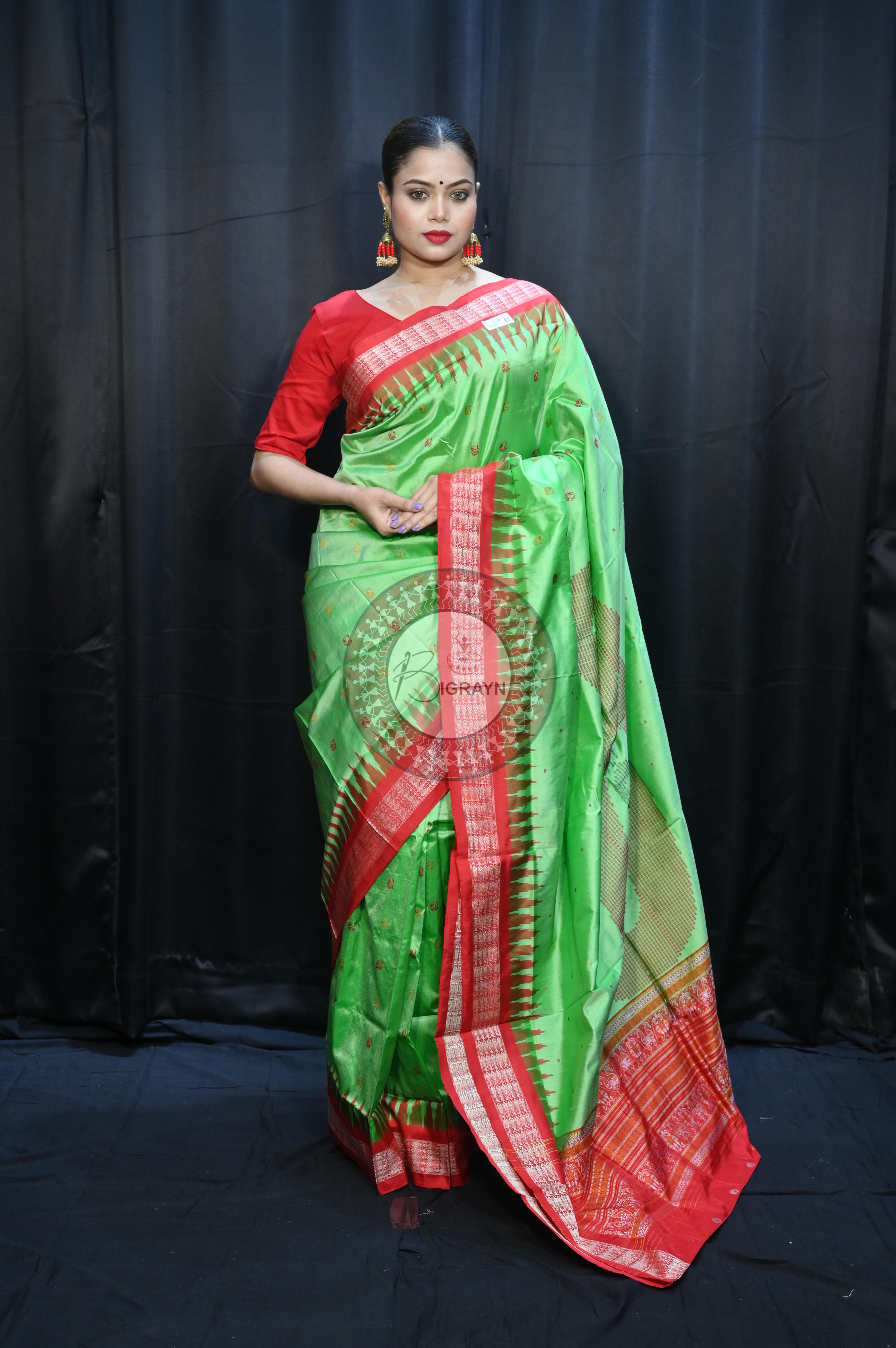Green Red Parsley Design Bomkai Silk Saree