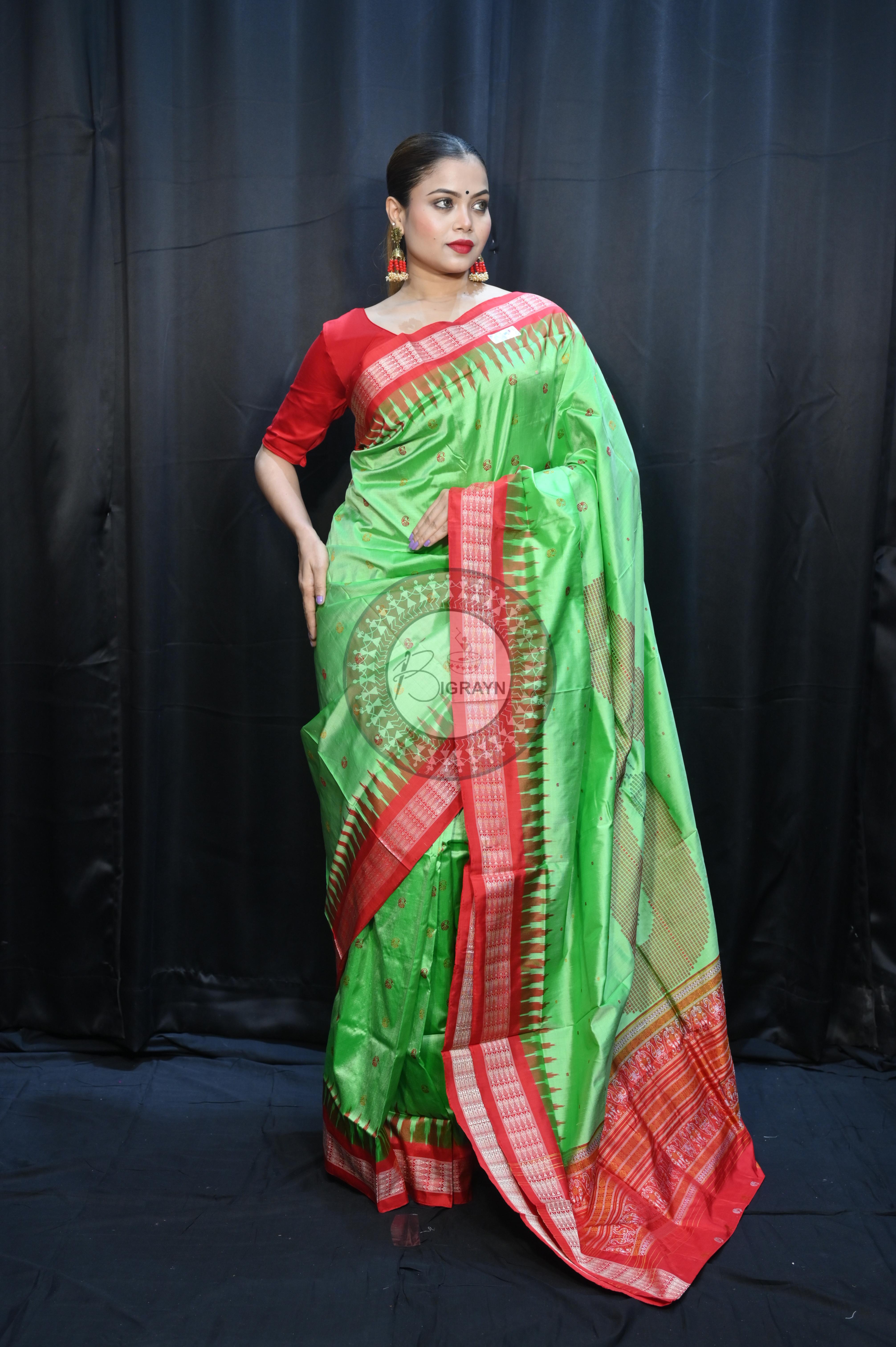 Green Red Parsley Design Bomkai Silk Saree