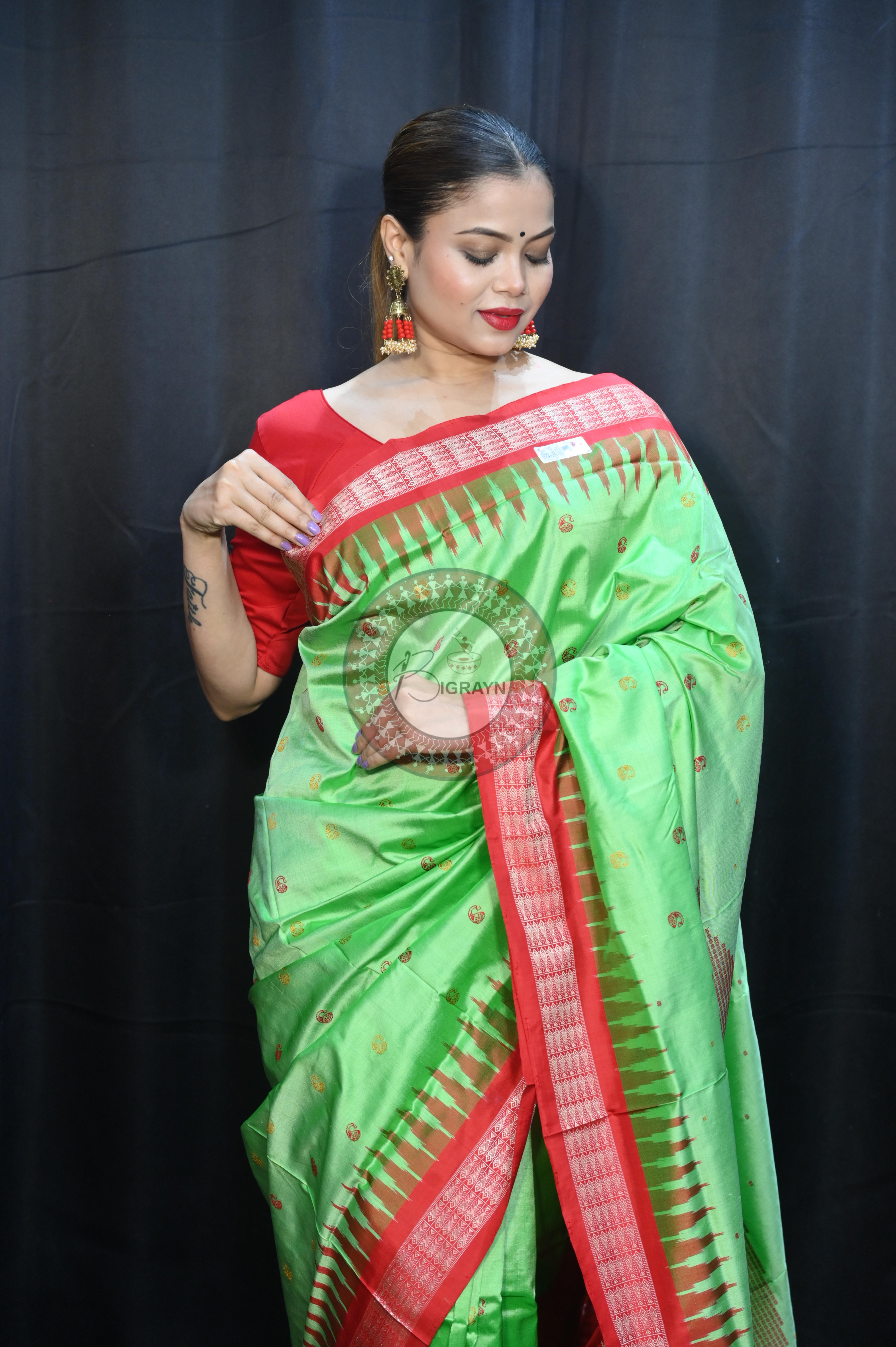 Green Red Parsley Design Bomkai Silk Saree