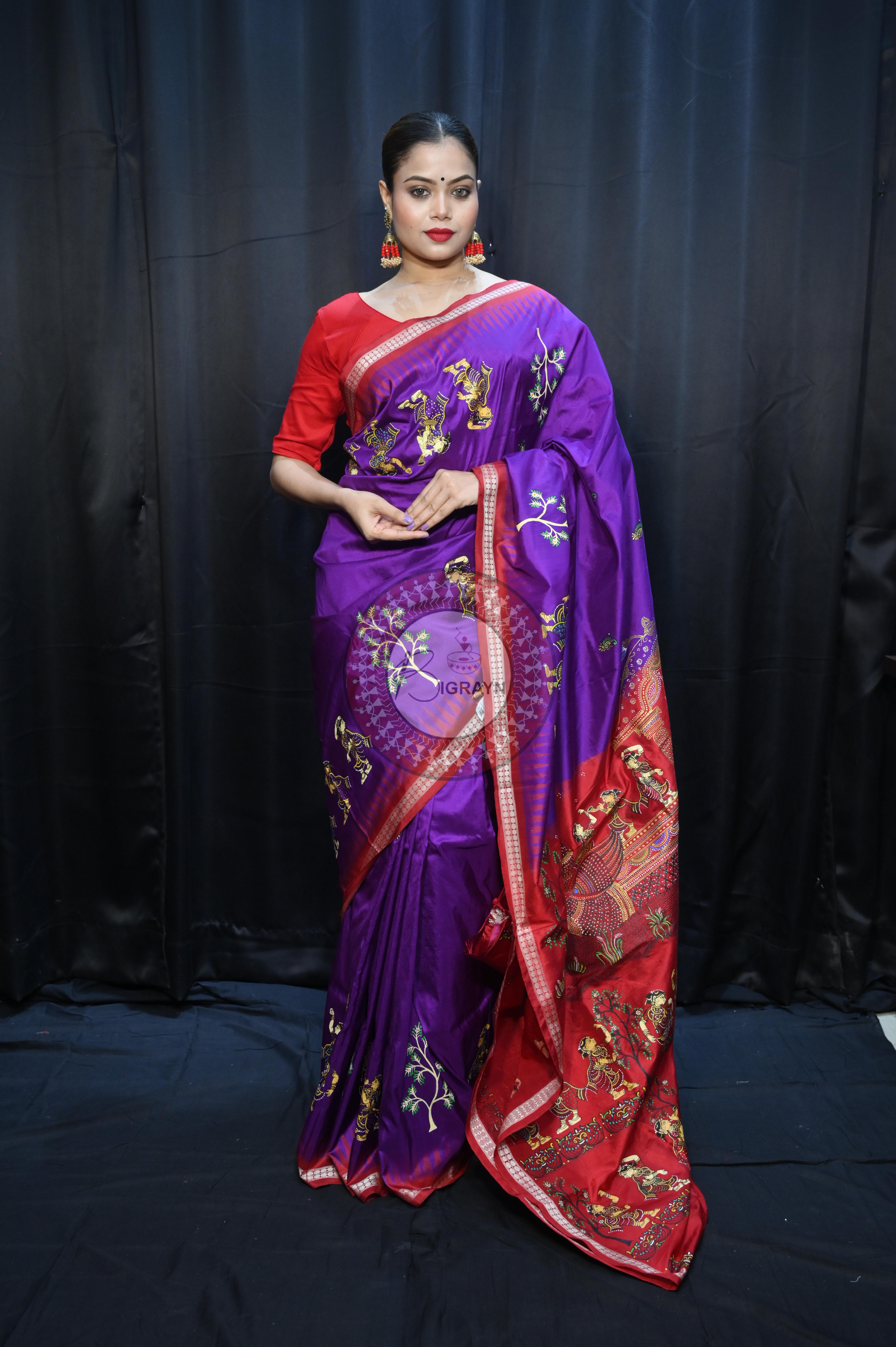 Purple Red Nabakeli Boita Theme Pattachitra Sambalpuri Silk Saree