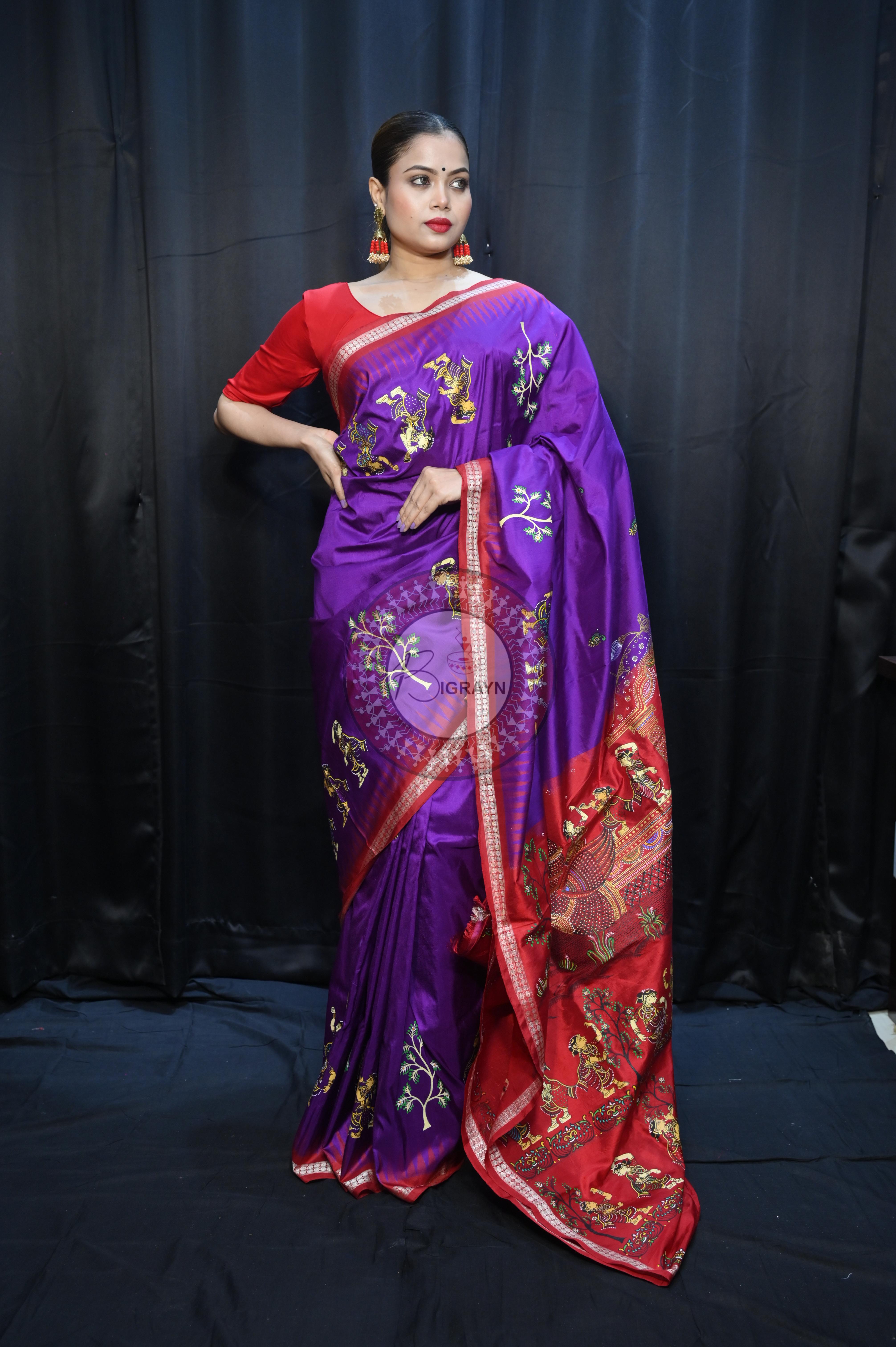 Purple Red Nabakeli Boita Theme Pattachitra Sambalpuri Silk Saree