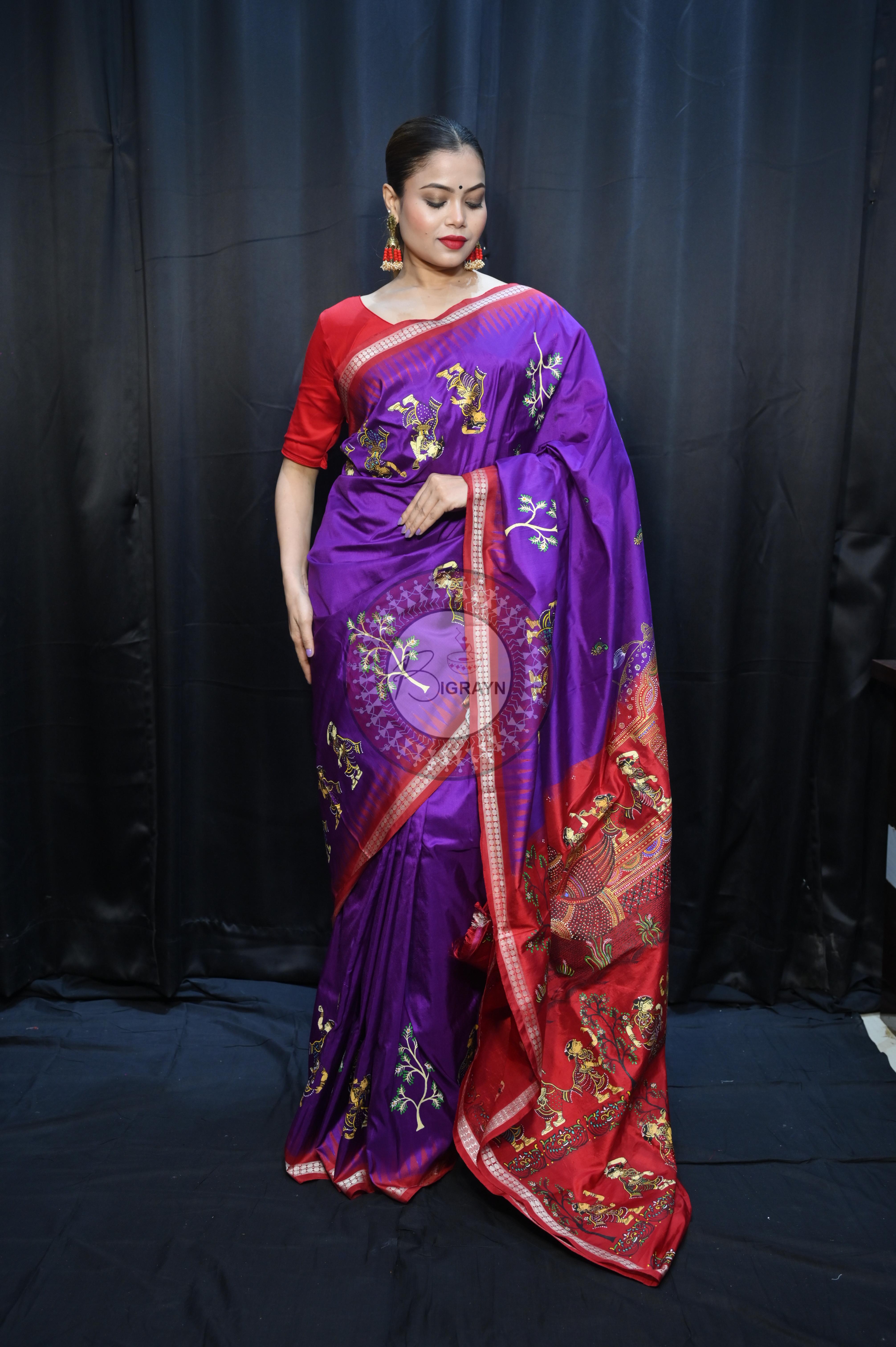 Purple Red Nabakeli Boita Theme Pattachitra Sambalpuri Silk Saree