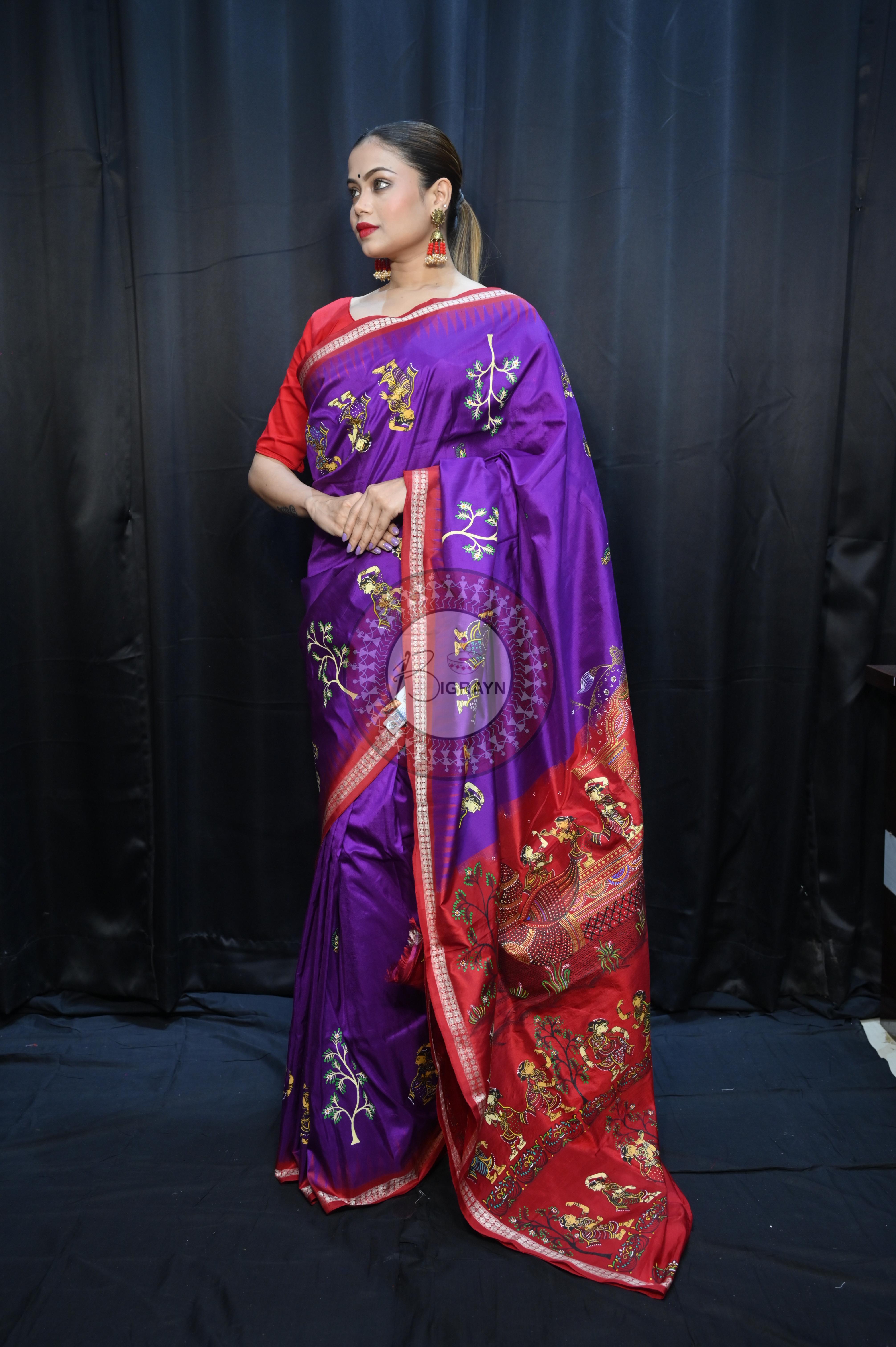 Purple Red Nabakeli Boita Theme Pattachitra Sambalpuri Silk Saree