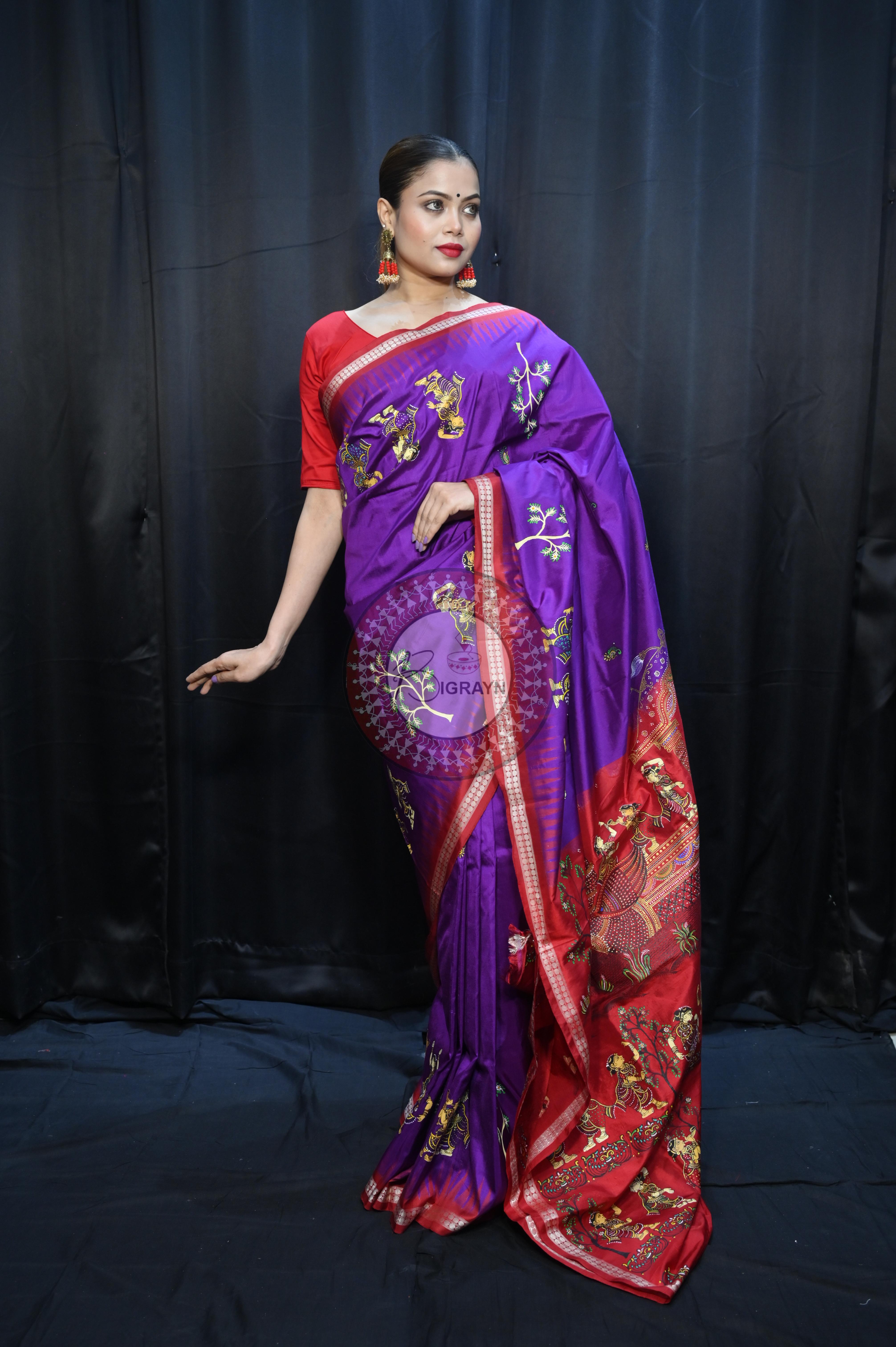 Purple Red Nabakeli Boita Theme Pattachitra Sambalpuri Silk Saree