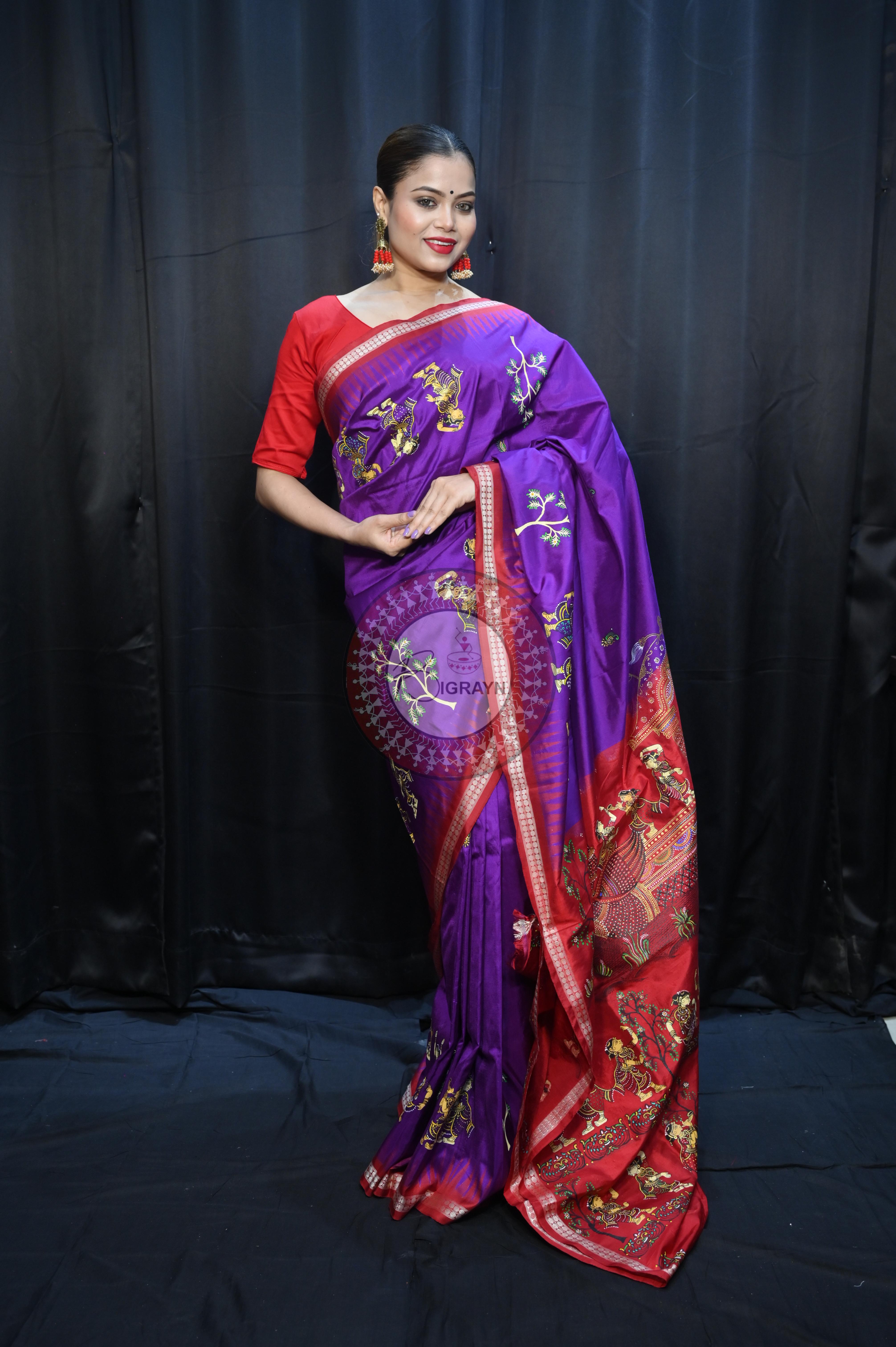 Purple Red Nabakeli Boita Theme Pattachitra Sambalpuri Silk Saree