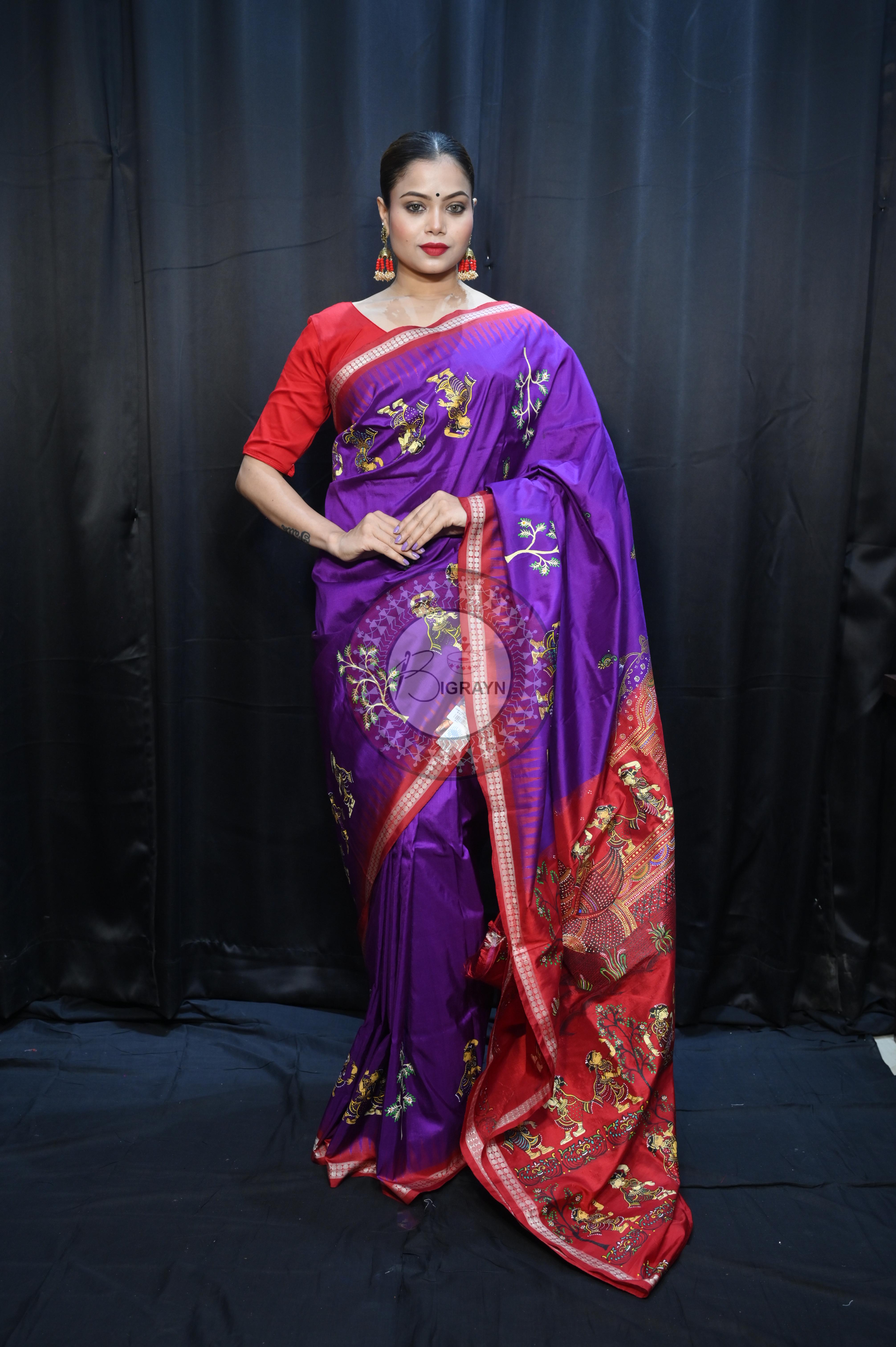 Purple Red Nabakeli Boita Theme Pattachitra Sambalpuri Silk Saree