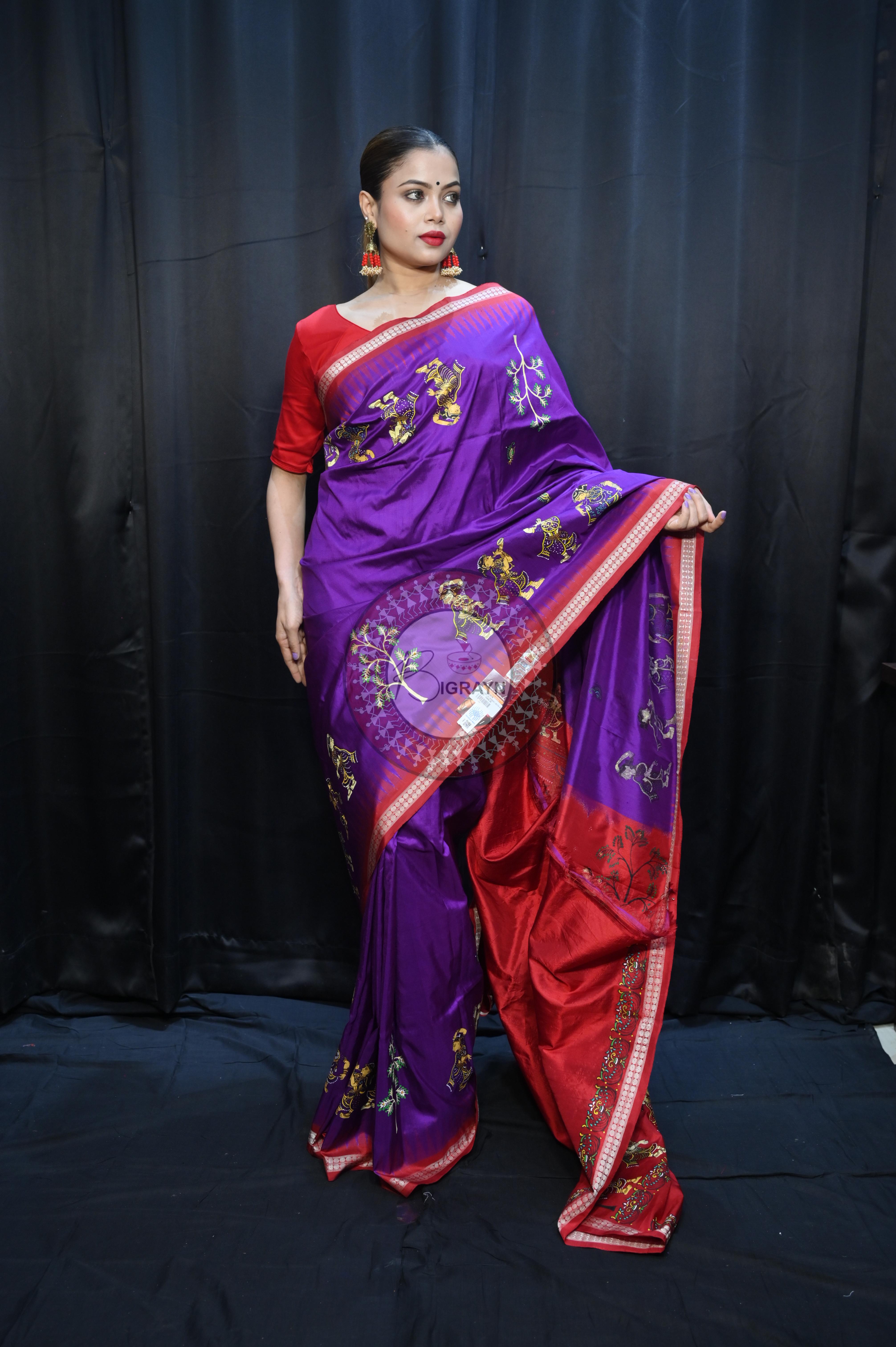 Purple Red Nabakeli Boita Theme Pattachitra Sambalpuri Silk Saree