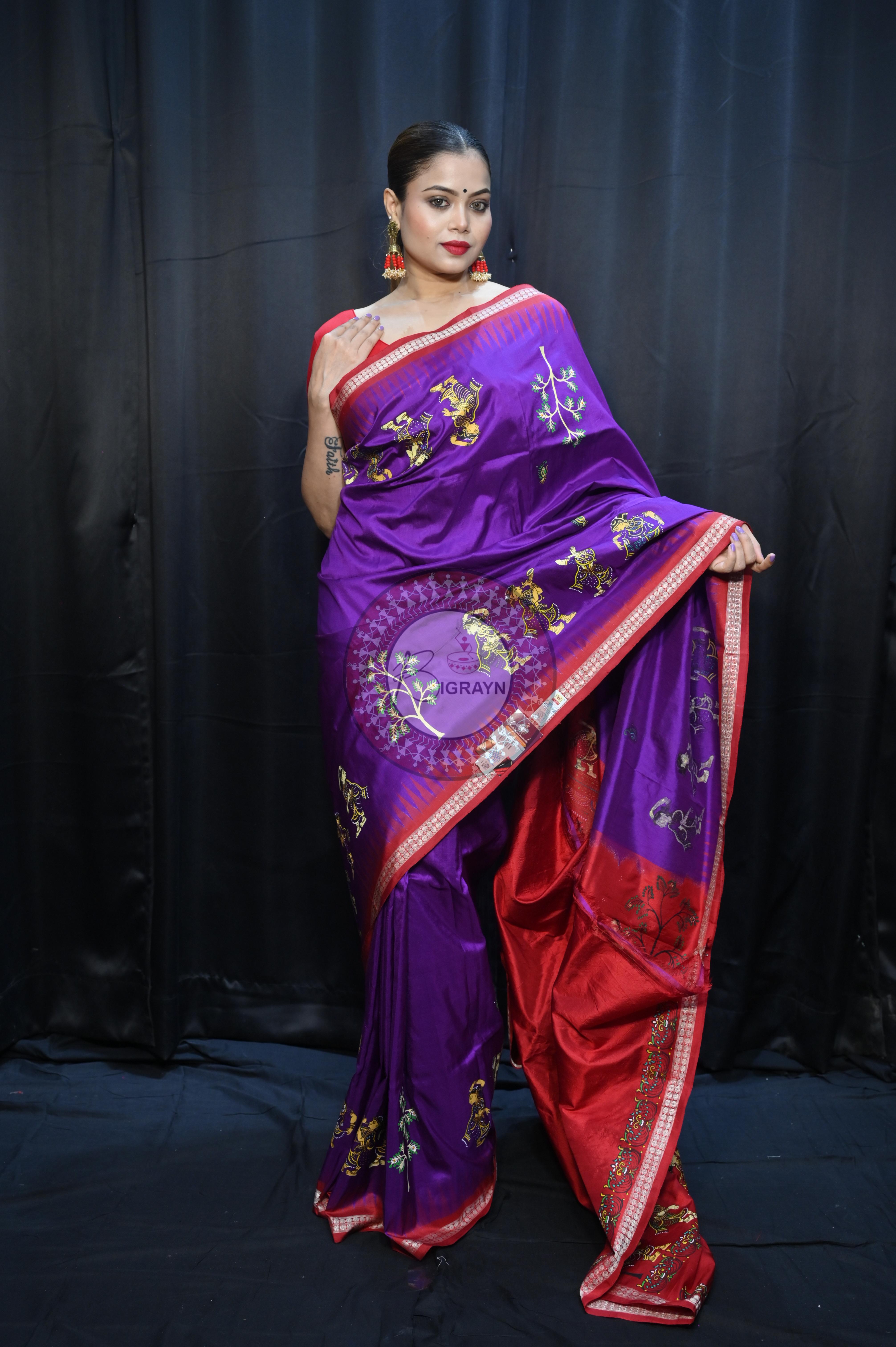 Purple Red Nabakeli Boita Theme Pattachitra Sambalpuri Silk Saree