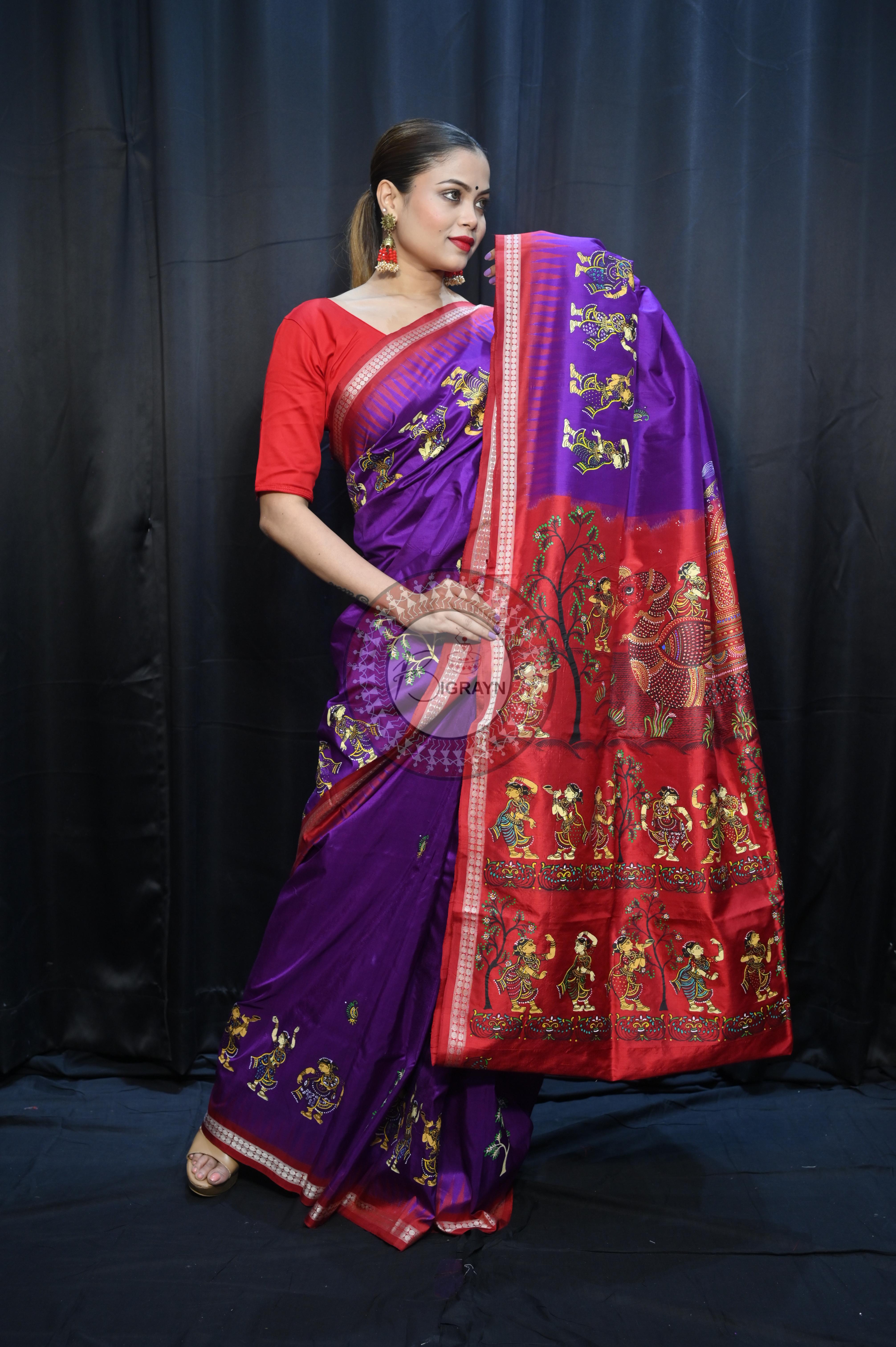 Purple Red Nabakeli Boita Theme Pattachitra Sambalpuri Silk Saree