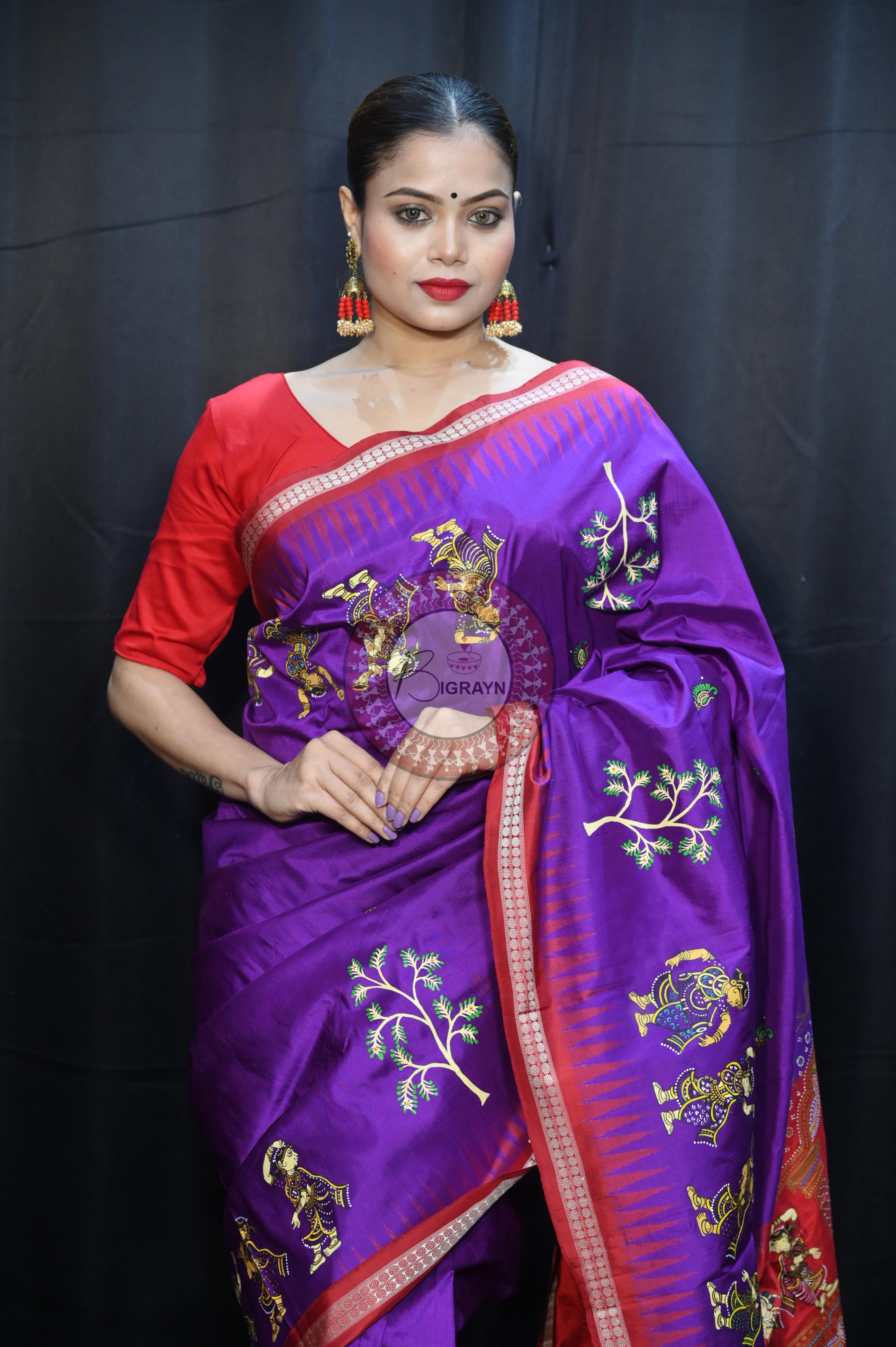 Purple Red Nabakeli Boita Theme Pattachitra Sambalpuri Silk Saree