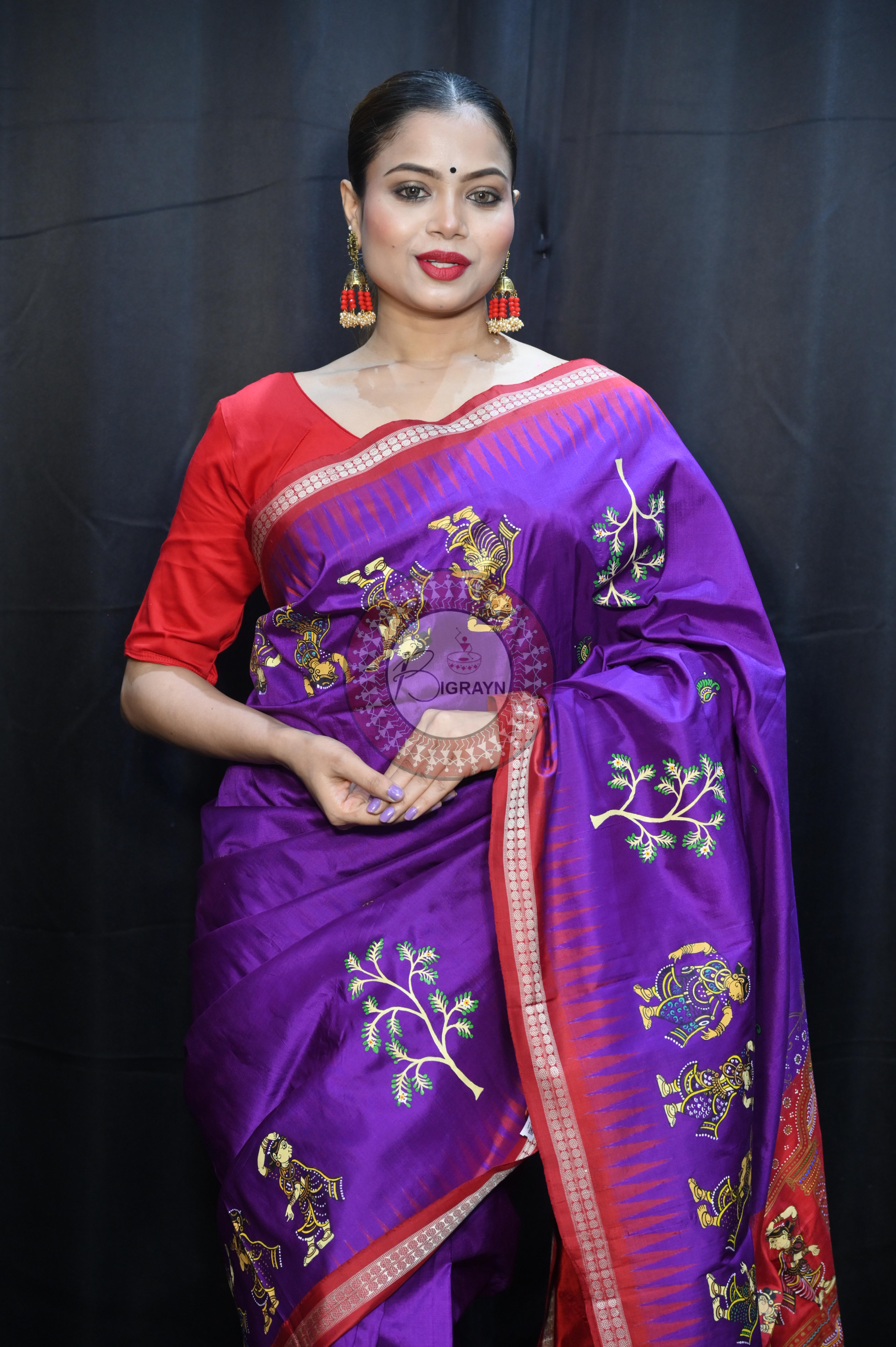 Purple Red Nabakeli Boita Theme Pattachitra Sambalpuri Silk Saree