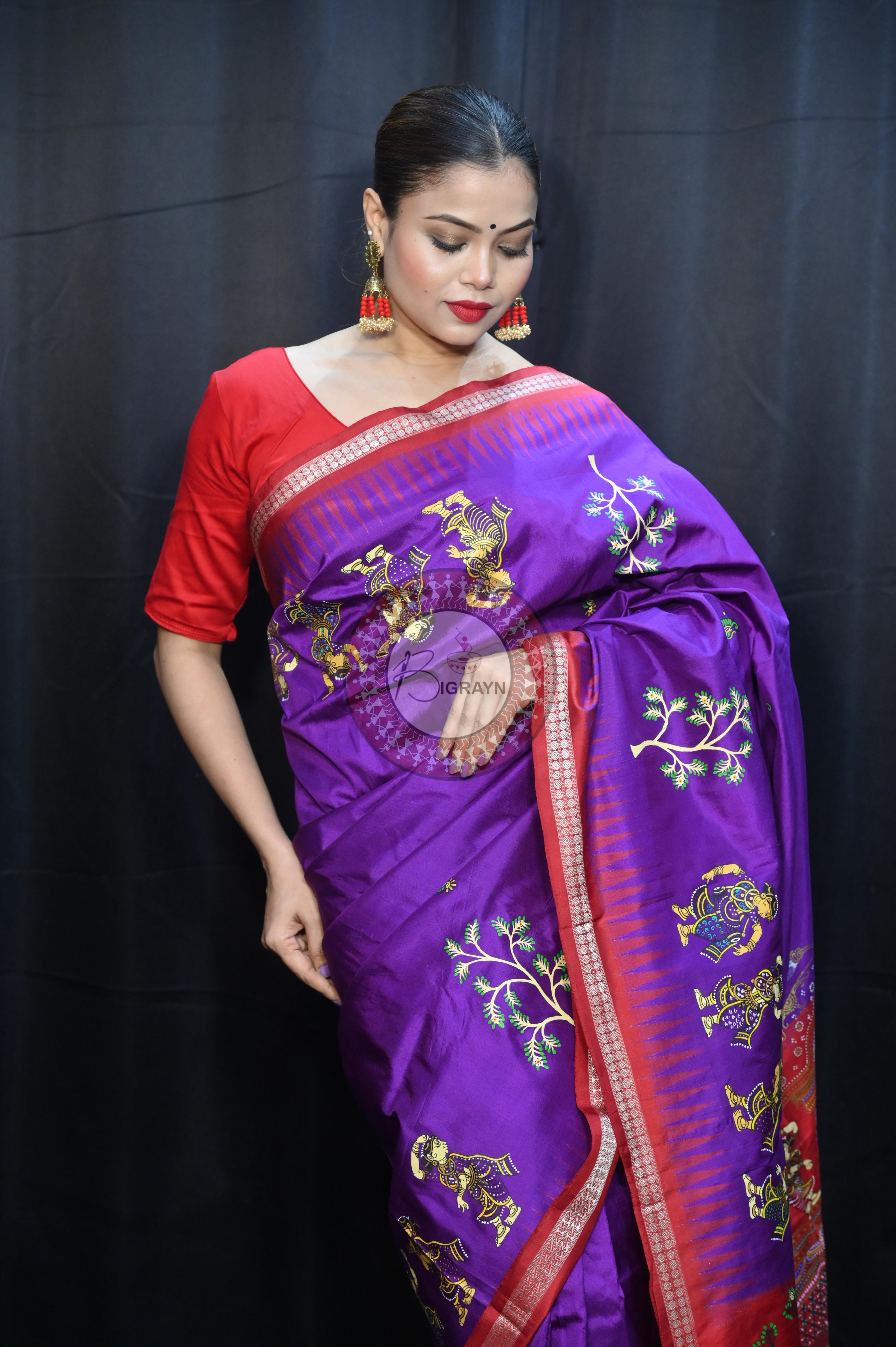 Purple Red Nabakeli Boita Theme Pattachitra Sambalpuri Silk Saree