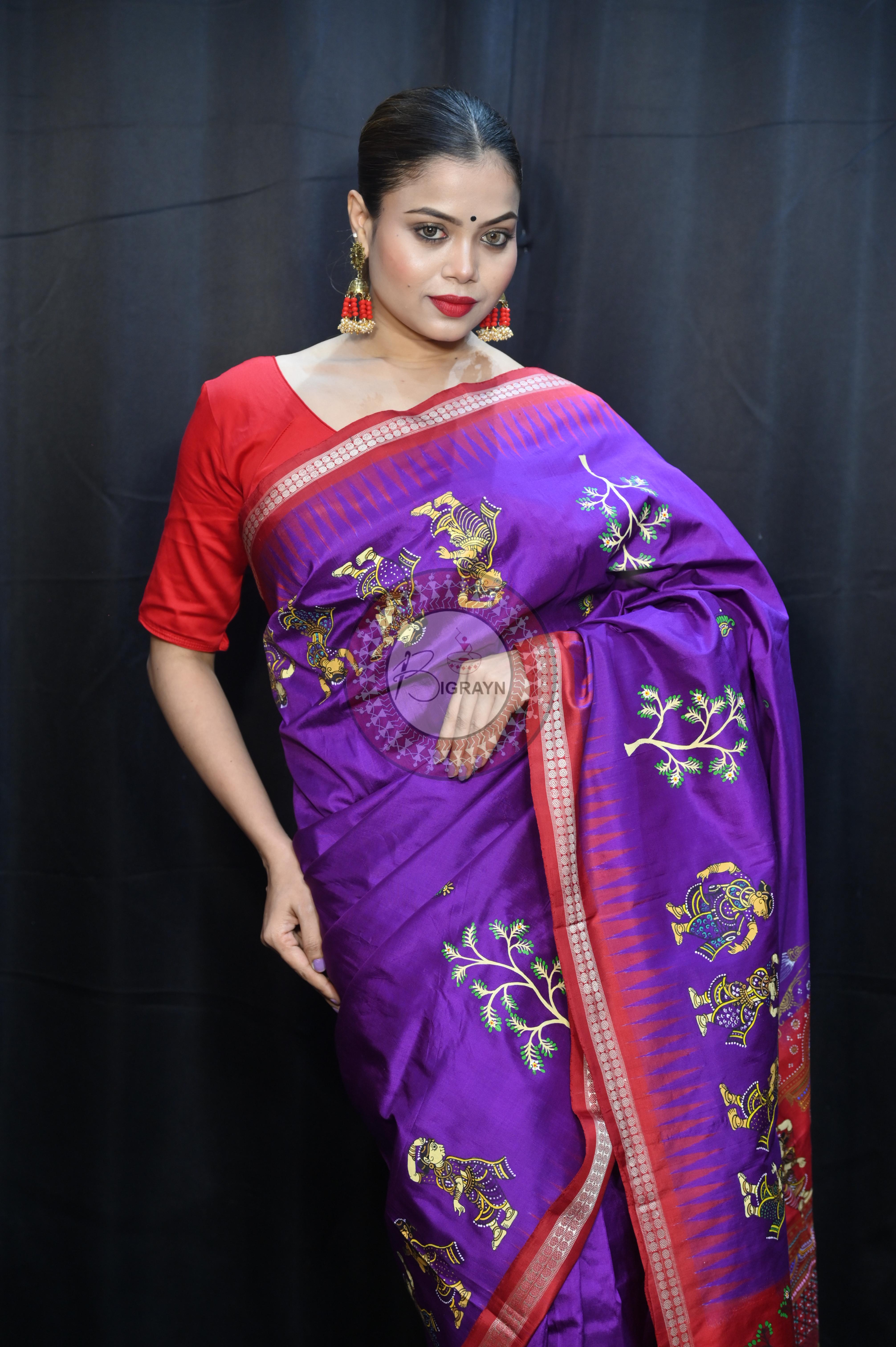 Purple Red Nabakeli Boita Theme Pattachitra Sambalpuri Silk Saree