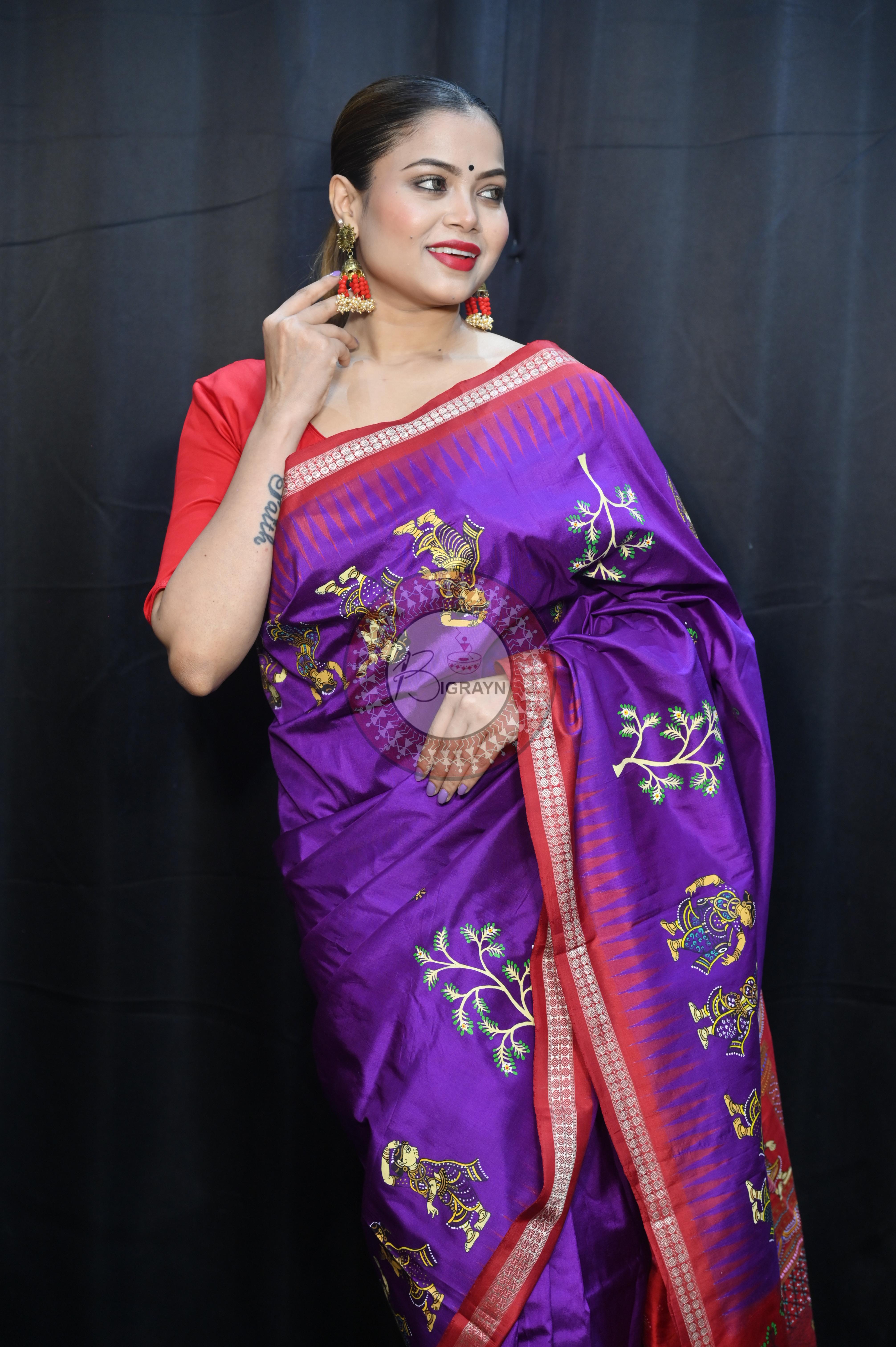 Purple Red Nabakeli Boita Theme Pattachitra Sambalpuri Silk Saree