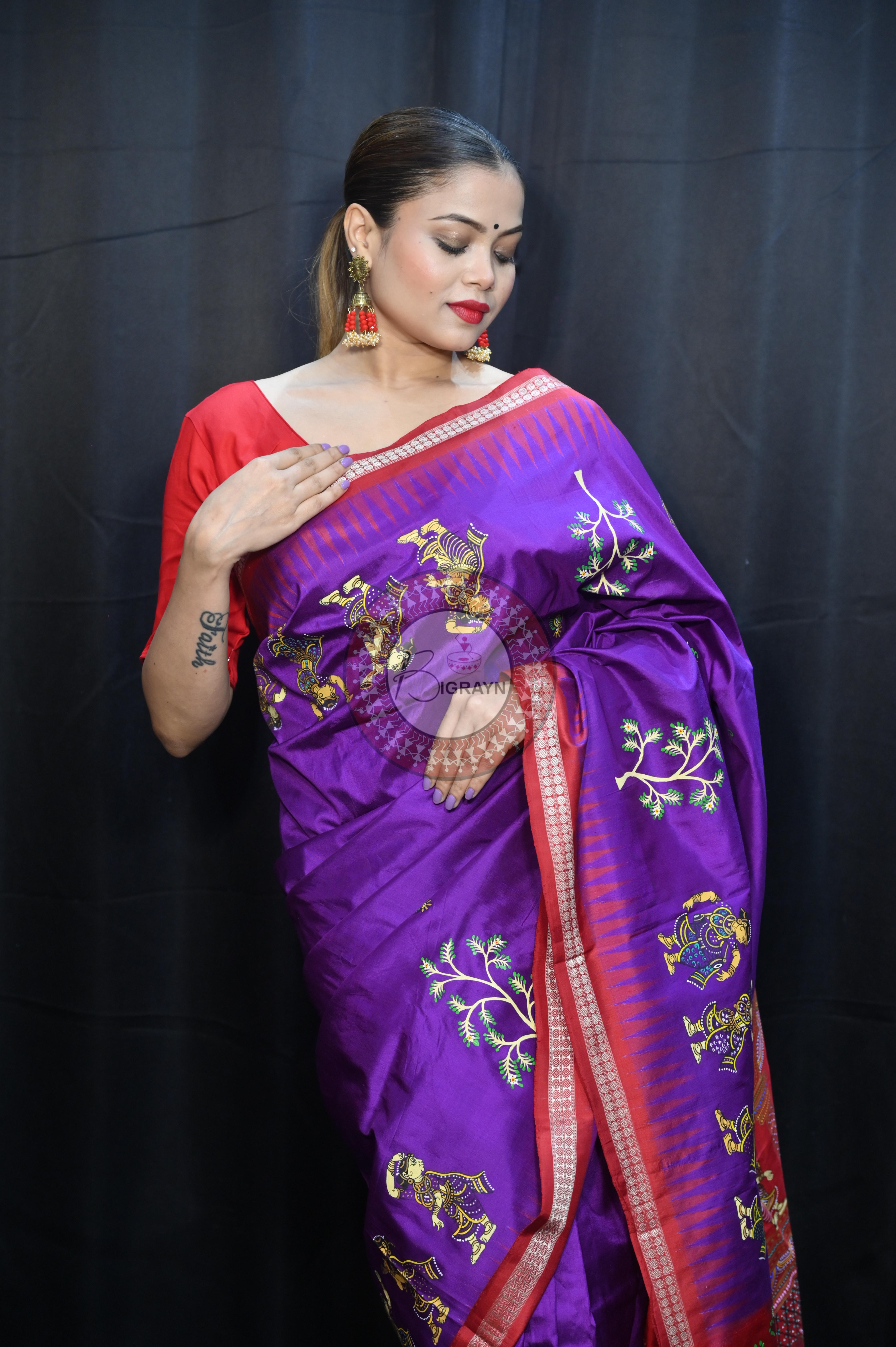 Purple Red Nabakeli Boita Theme Pattachitra Sambalpuri Silk Saree
