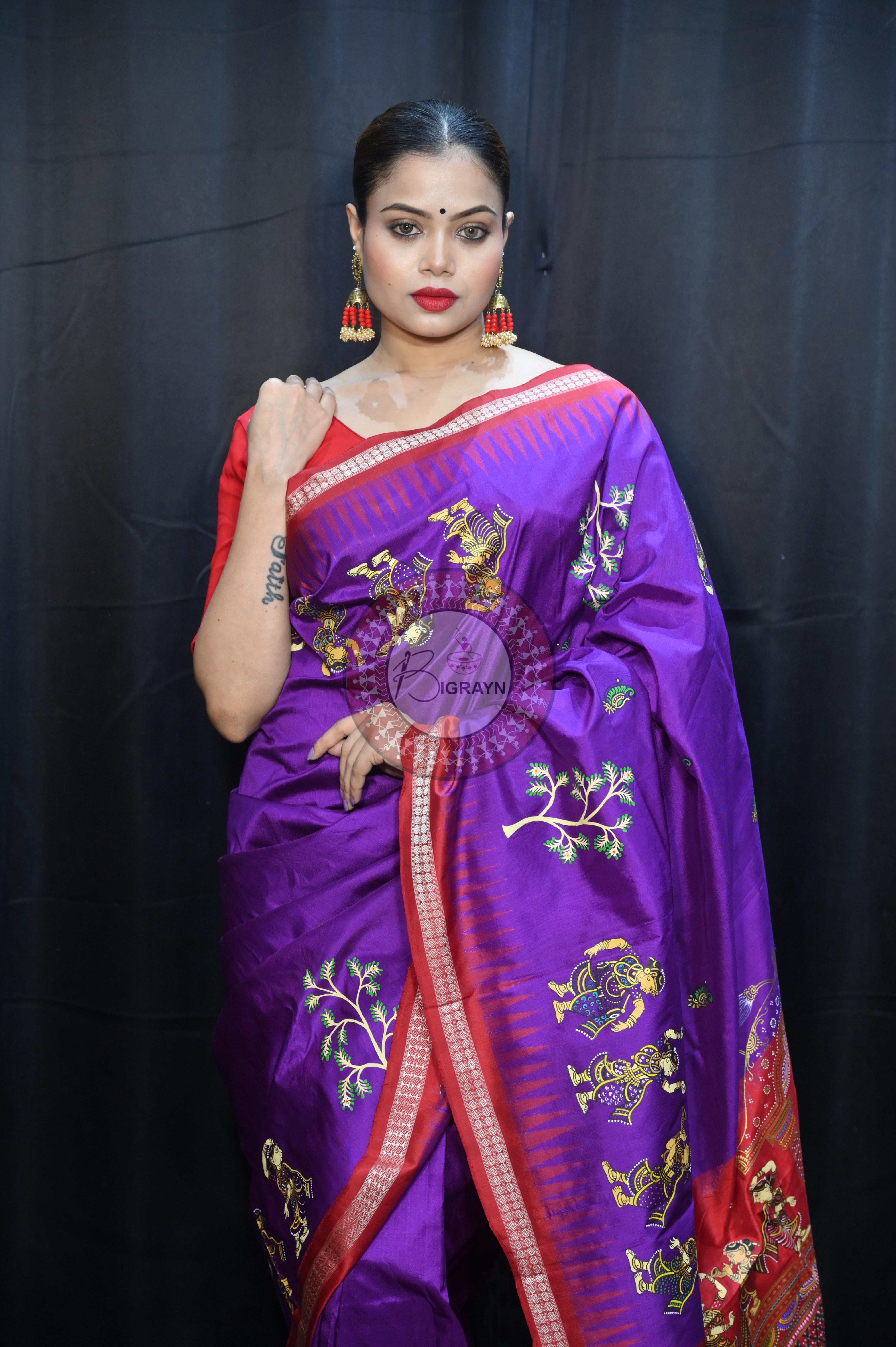 Purple Red Nabakeli Boita Theme Pattachitra Sambalpuri Silk Saree