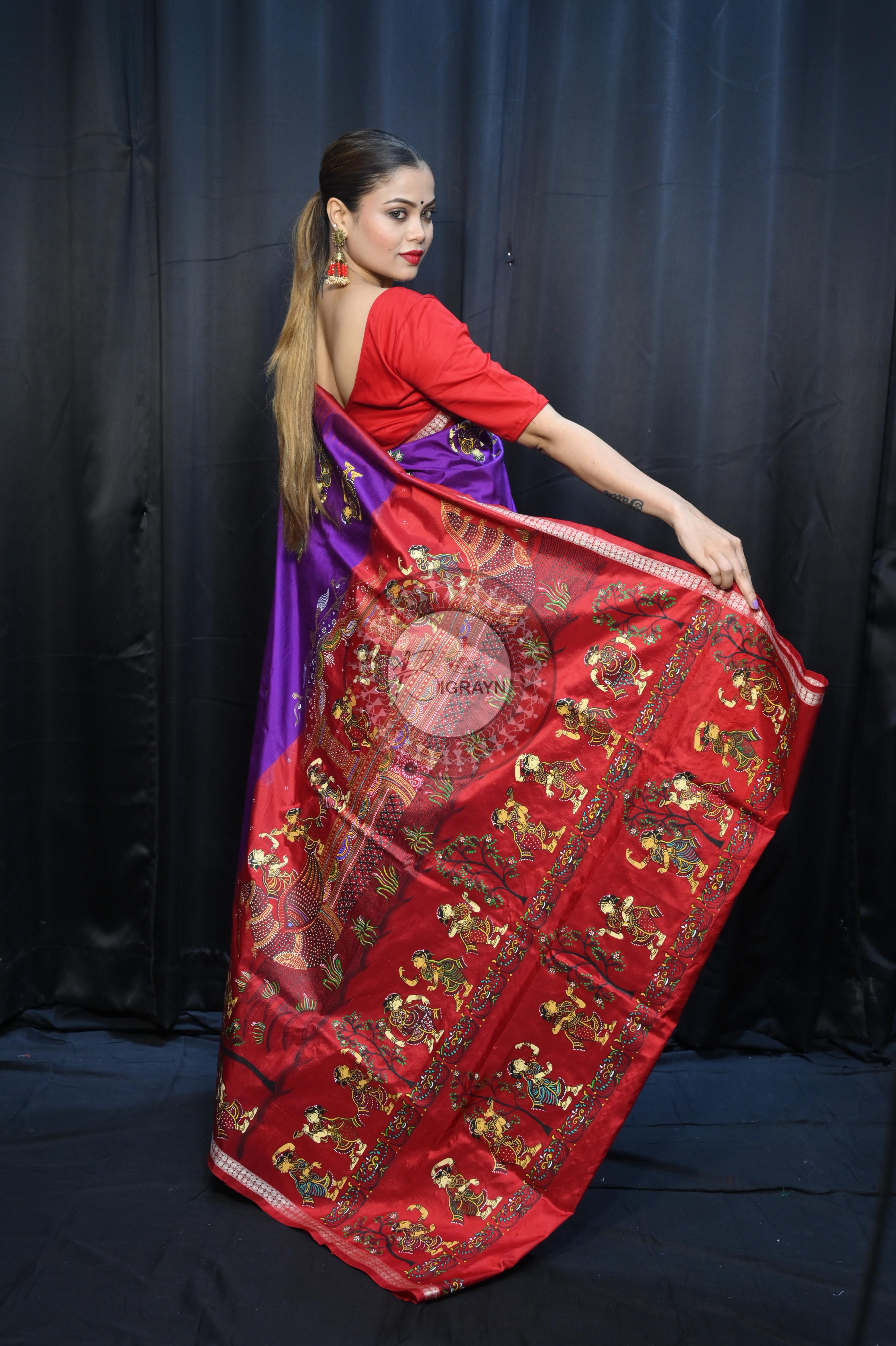 Purple Red Nabakeli Boita Theme Pattachitra Sambalpuri Silk Saree