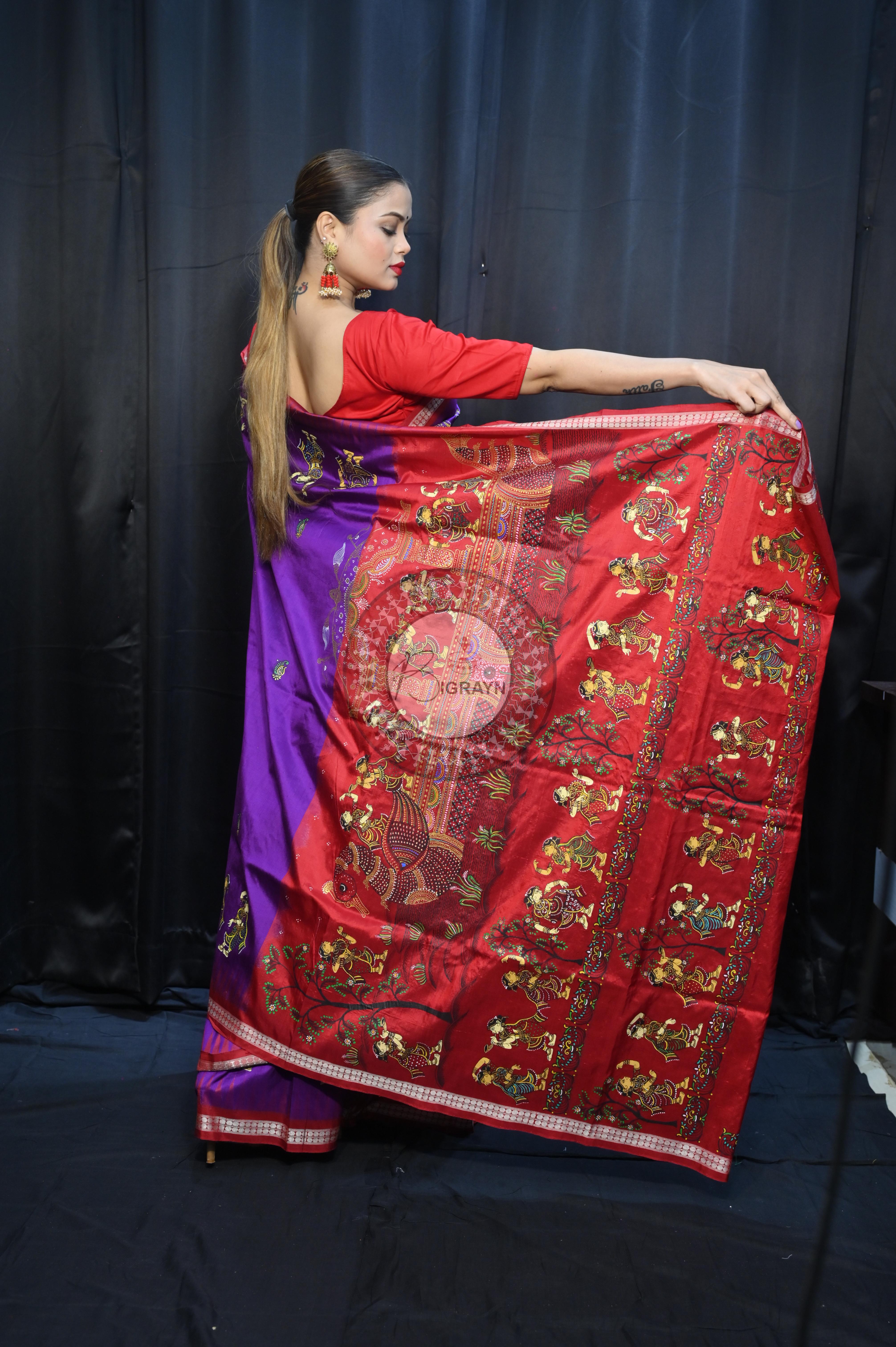Purple Red Nabakeli Boita Theme Pattachitra Sambalpuri Silk Saree