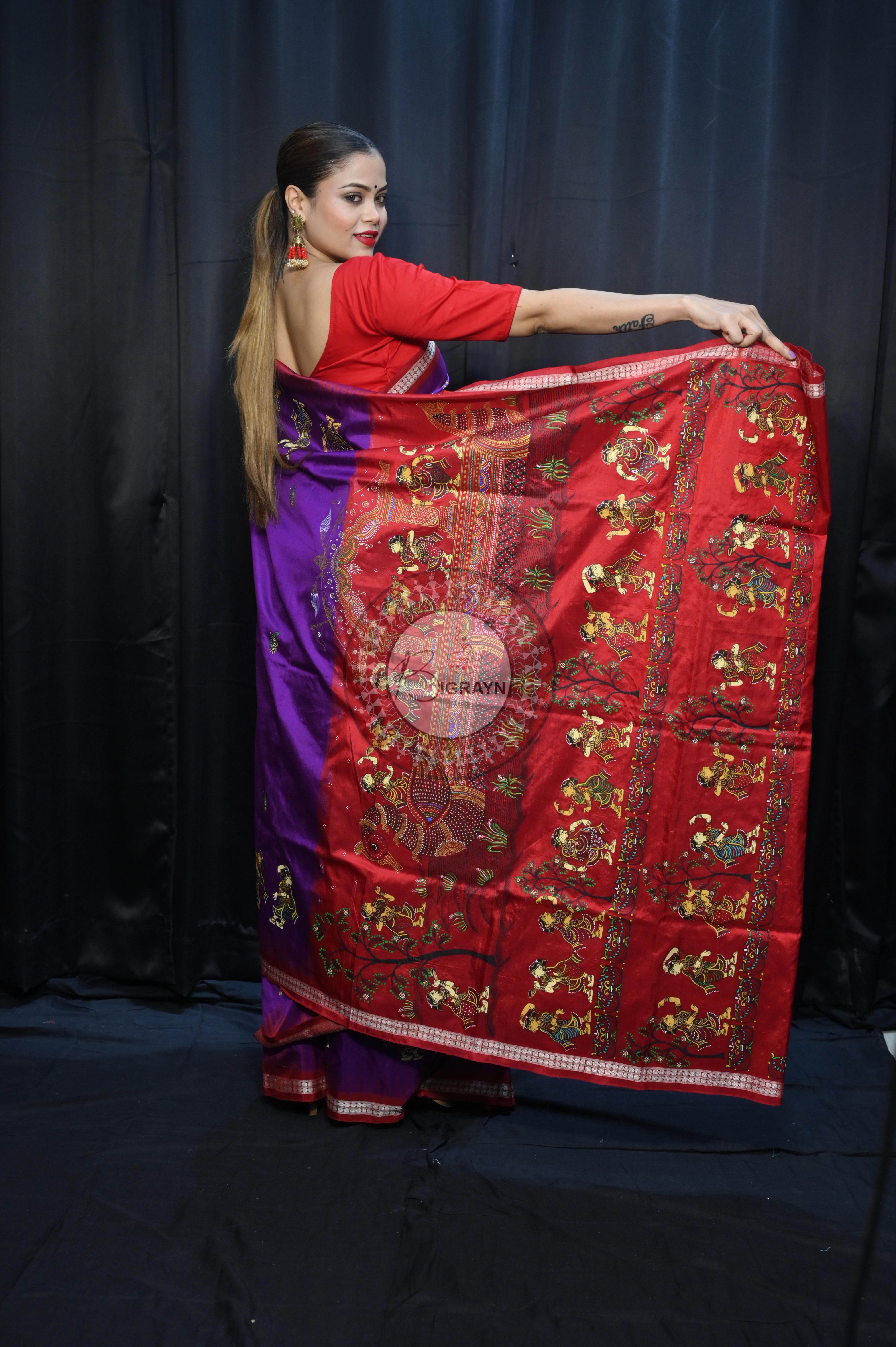 Purple Red Nabakeli Boita Theme Pattachitra Sambalpuri Silk Saree