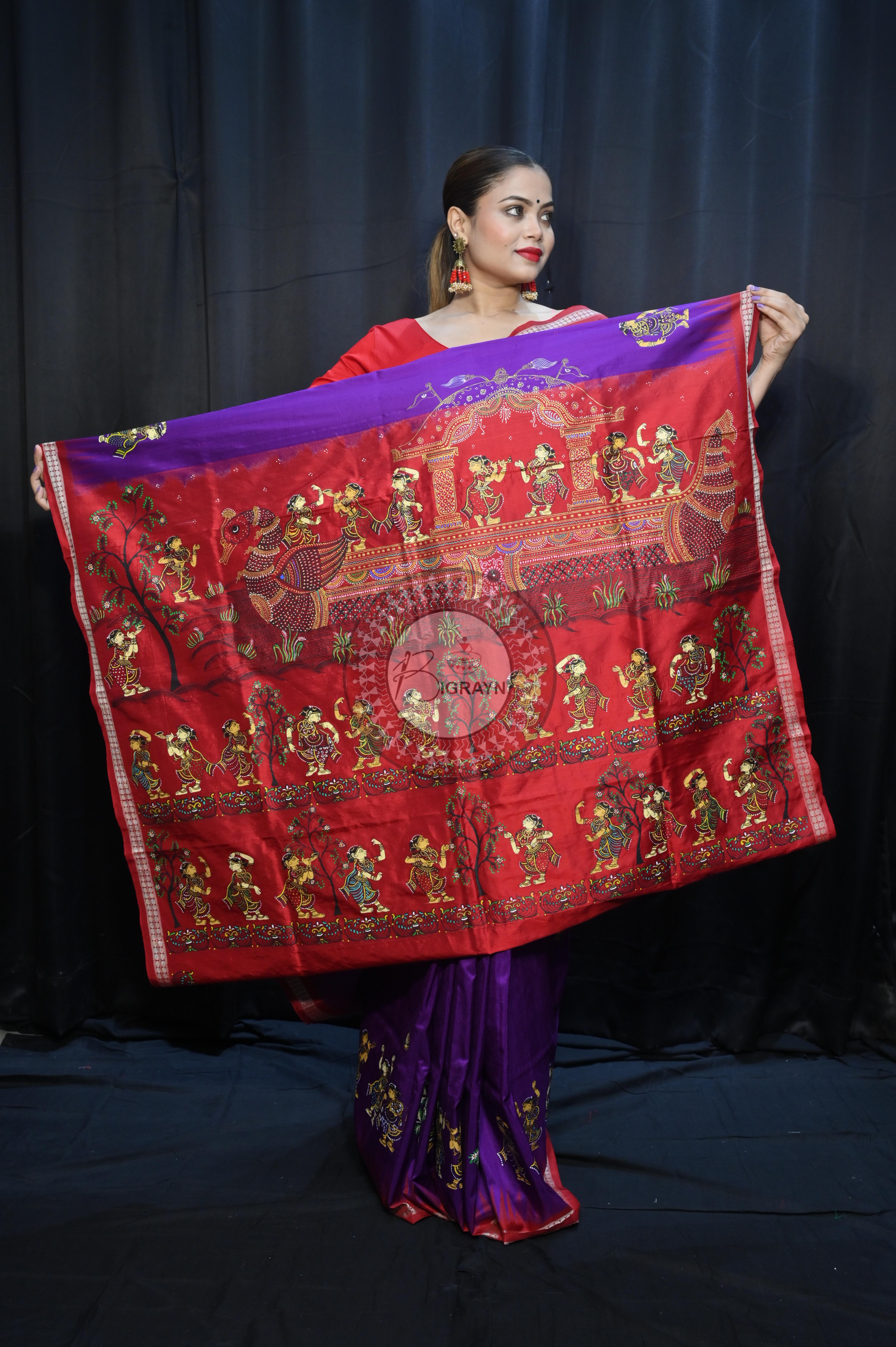 Purple Red Nabakeli Boita Theme Pattachitra Sambalpuri Silk Saree