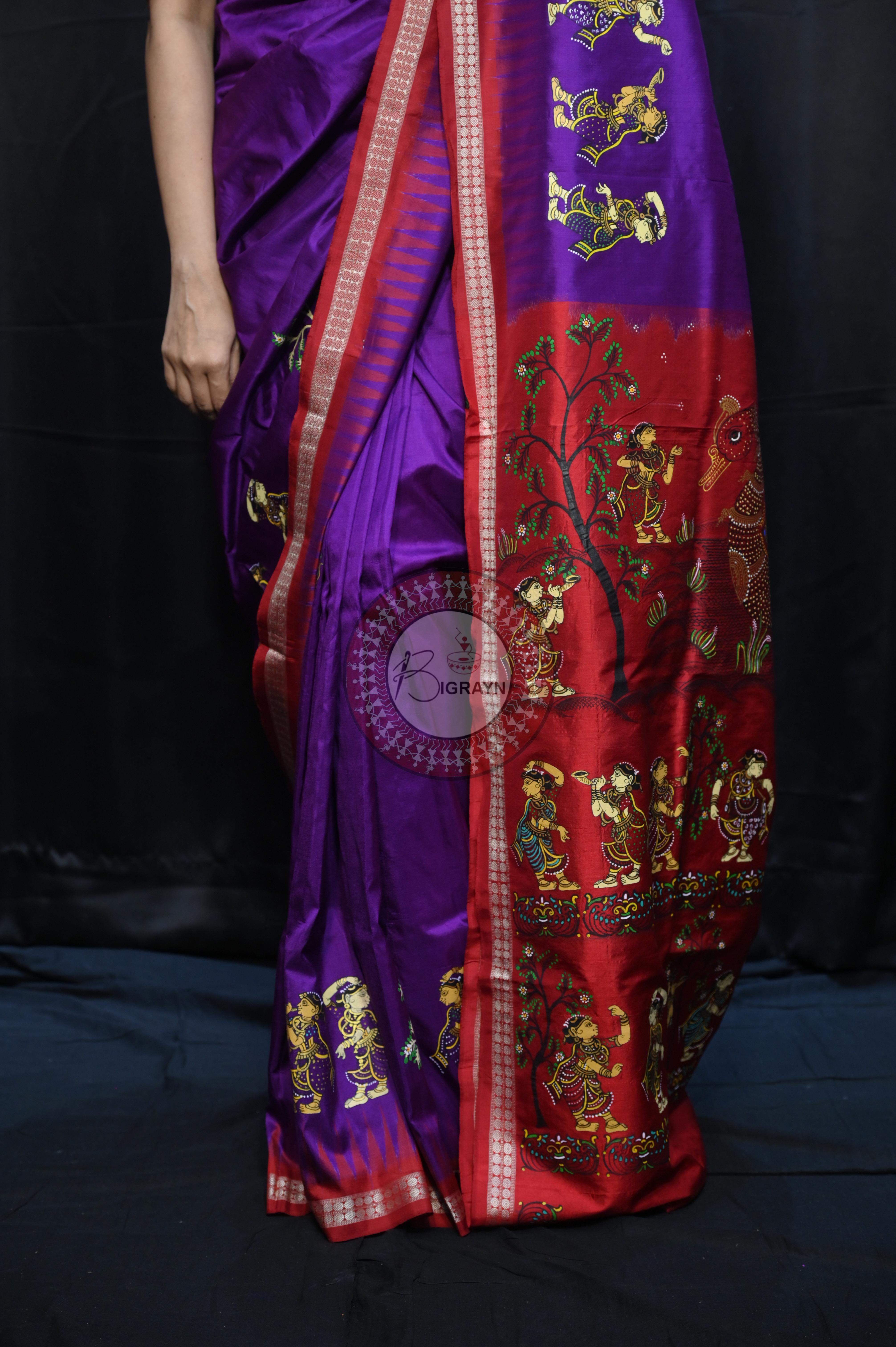 Purple Red Nabakeli Boita Theme Pattachitra Sambalpuri Silk Saree