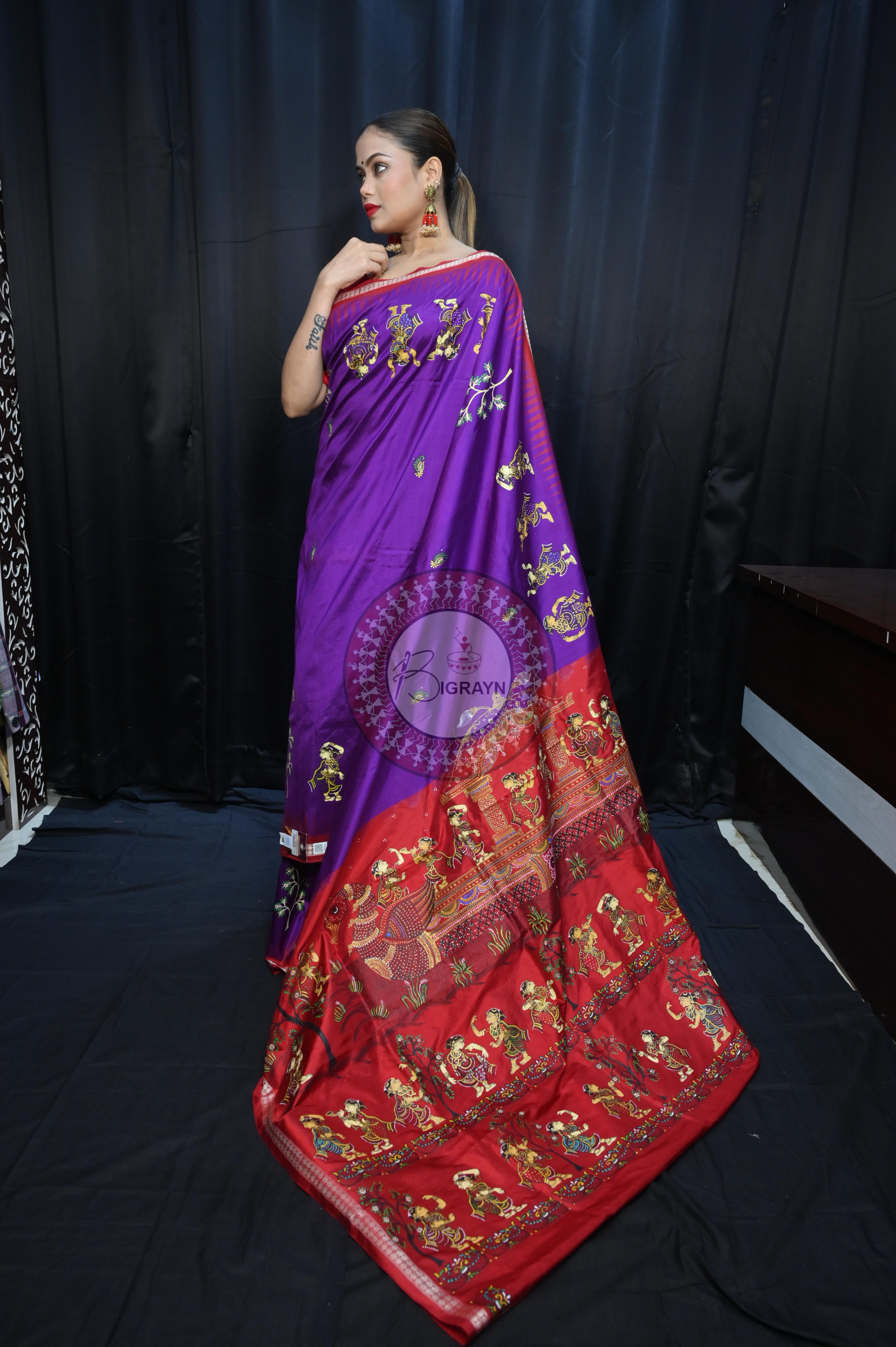 Purple Red Nabakeli Boita Theme Pattachitra Sambalpuri Silk Saree