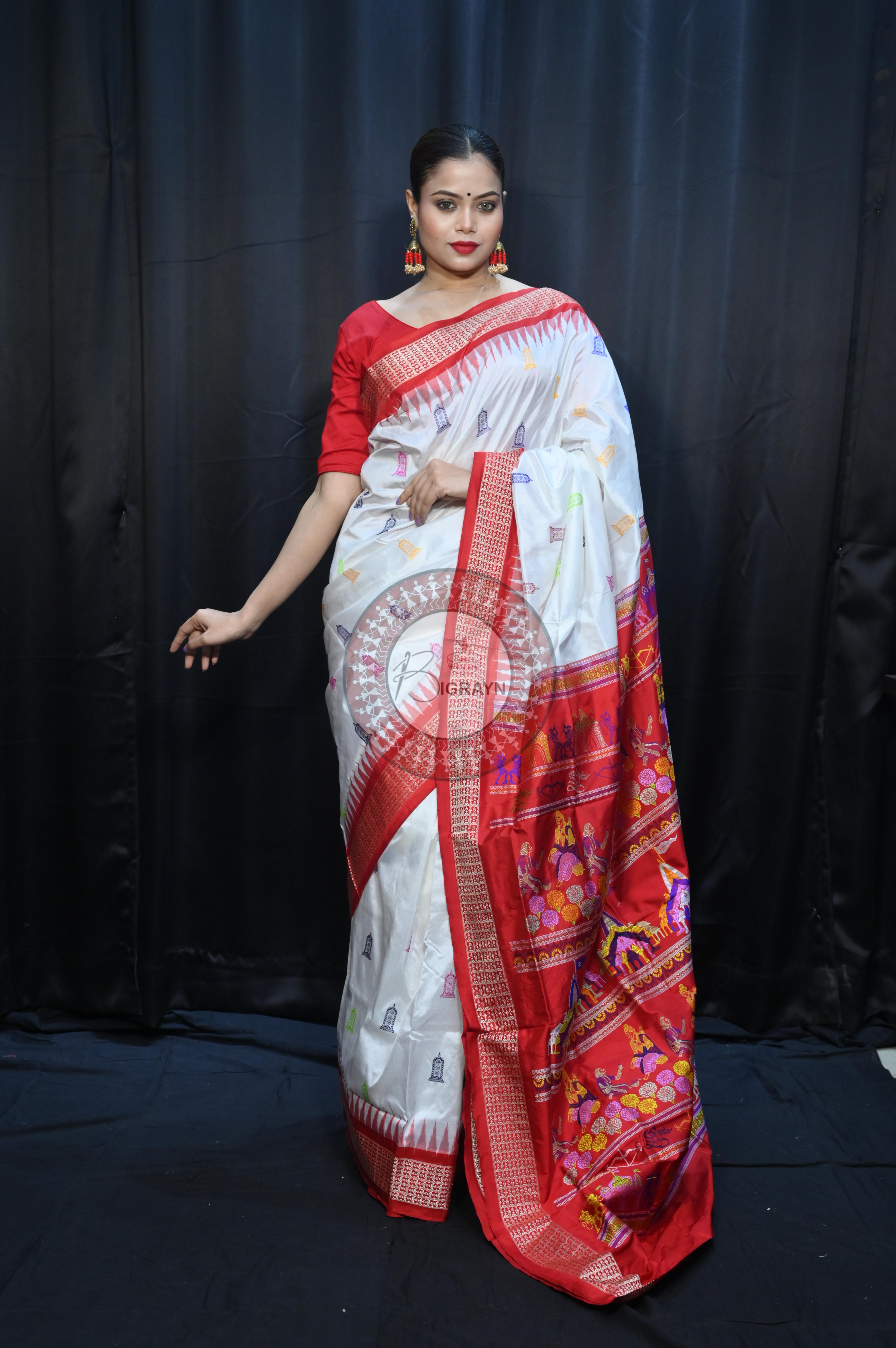 White Red Sri Ram Exclusive Sambalpuri Silk Saree