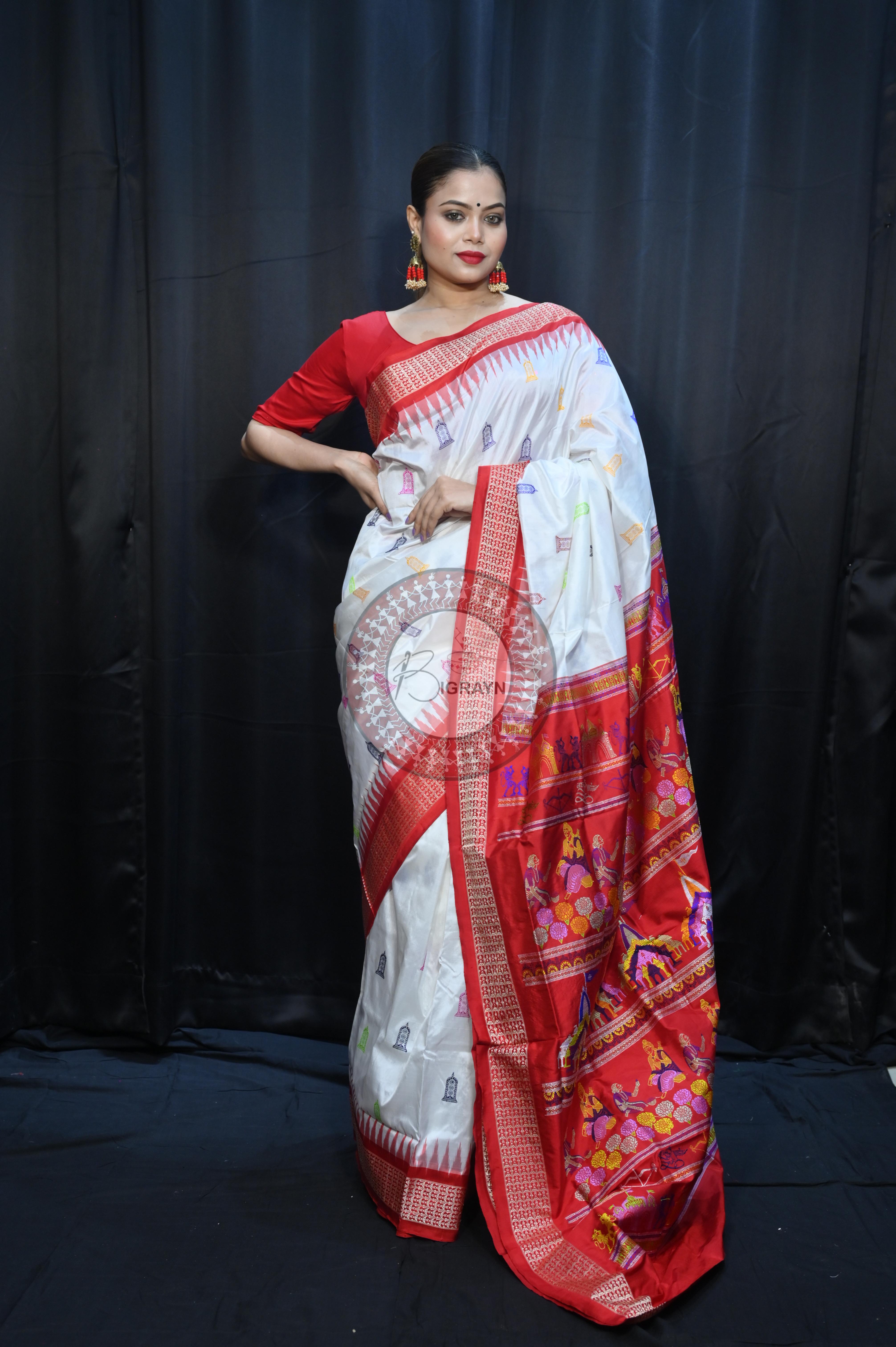 White Red Sri Ram Exclusive Sambalpuri Silk Saree