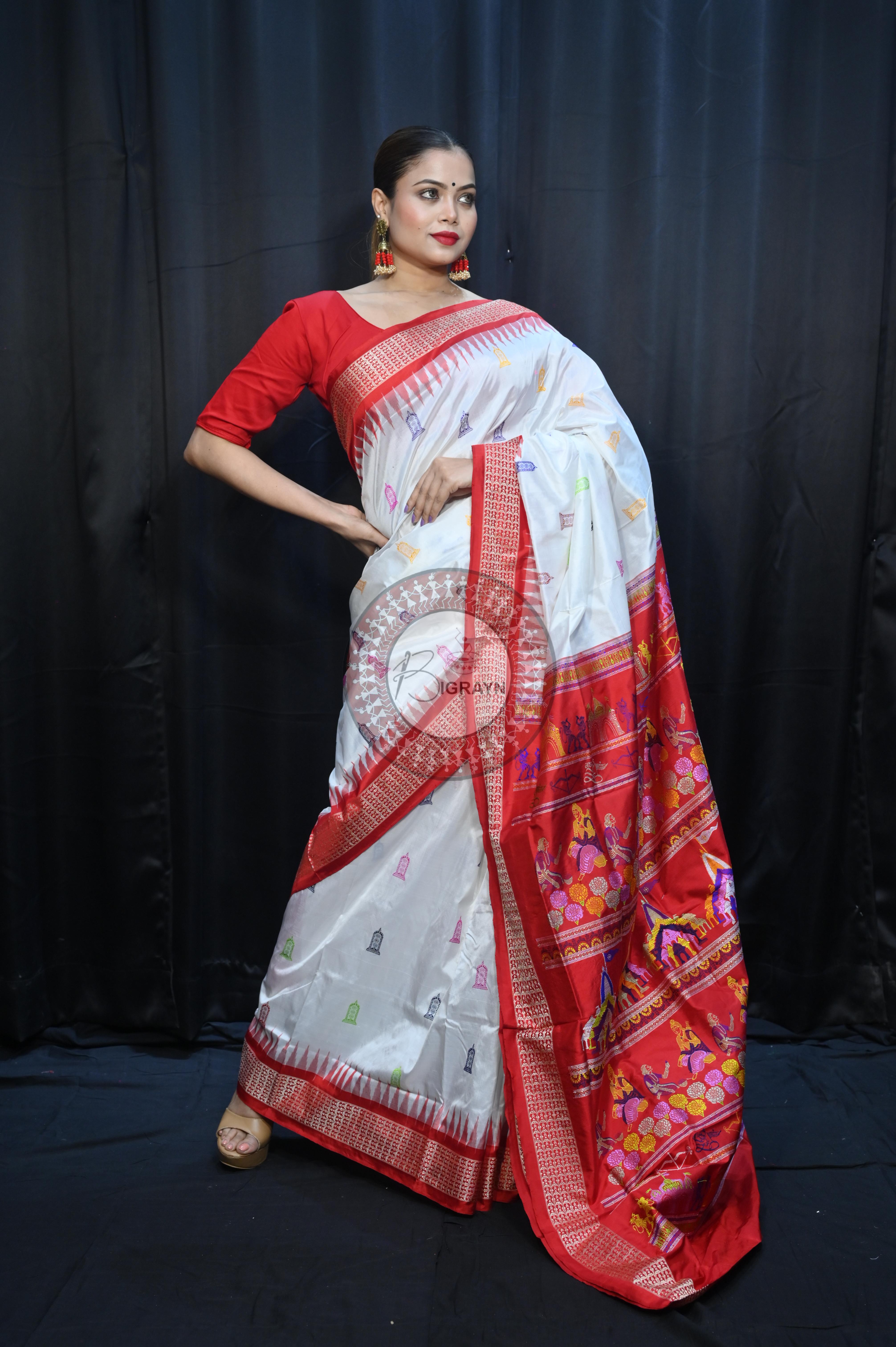 White Red Sri Ram Exclusive Sambalpuri Silk Saree