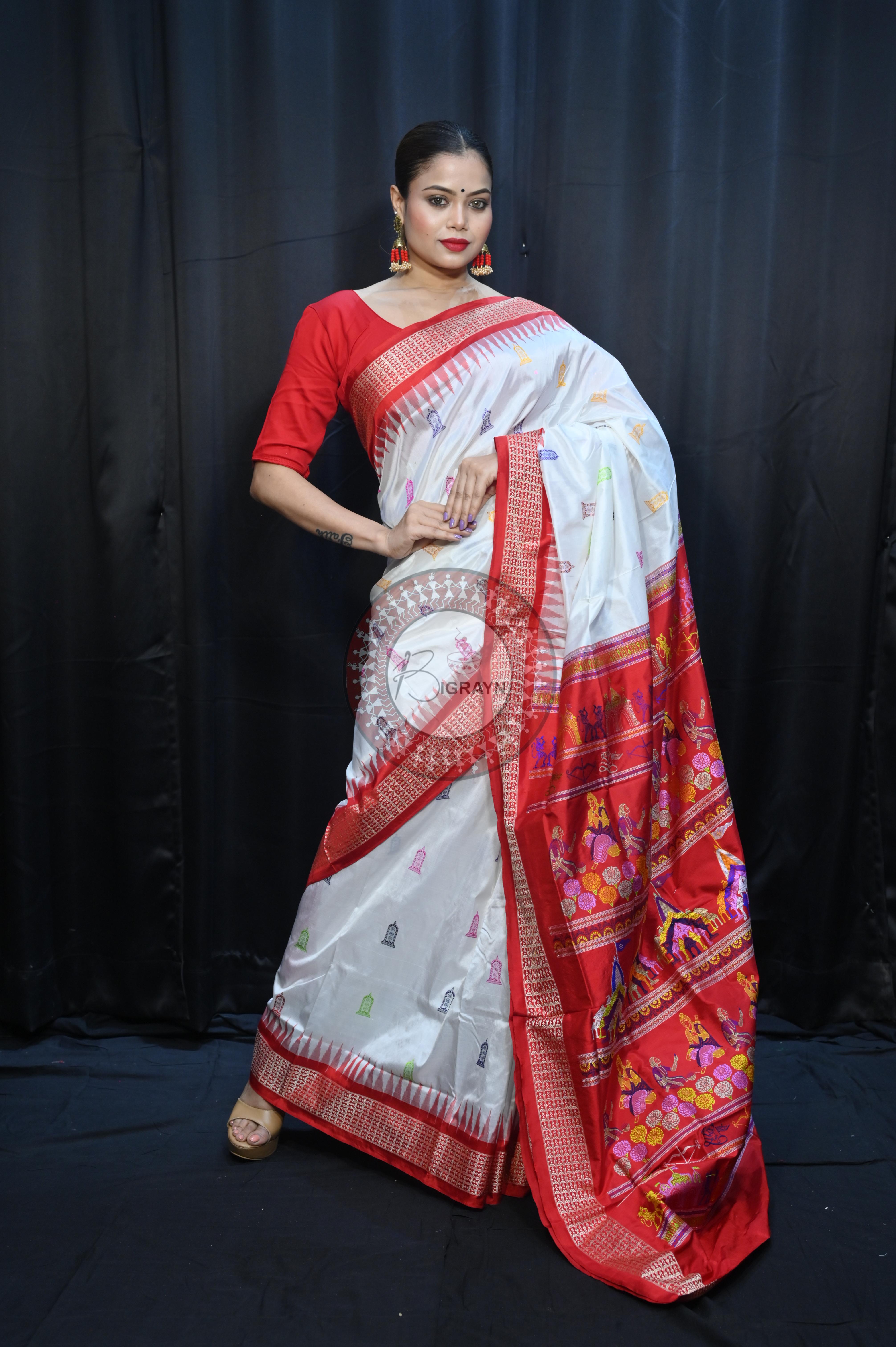 White Red Sri Ram Exclusive Sambalpuri Silk Saree