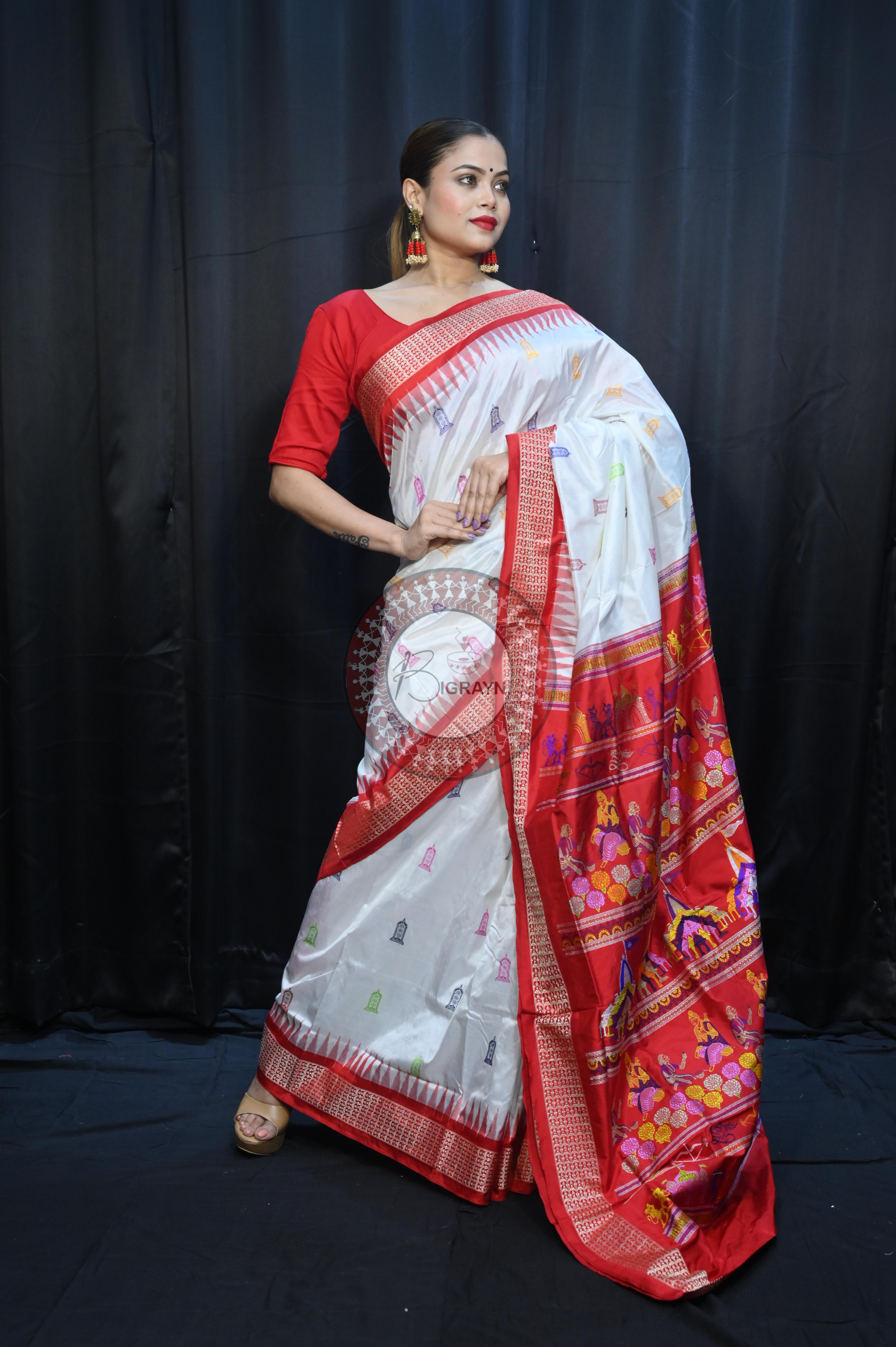 White Red Sri Ram Exclusive Sambalpuri Silk Saree