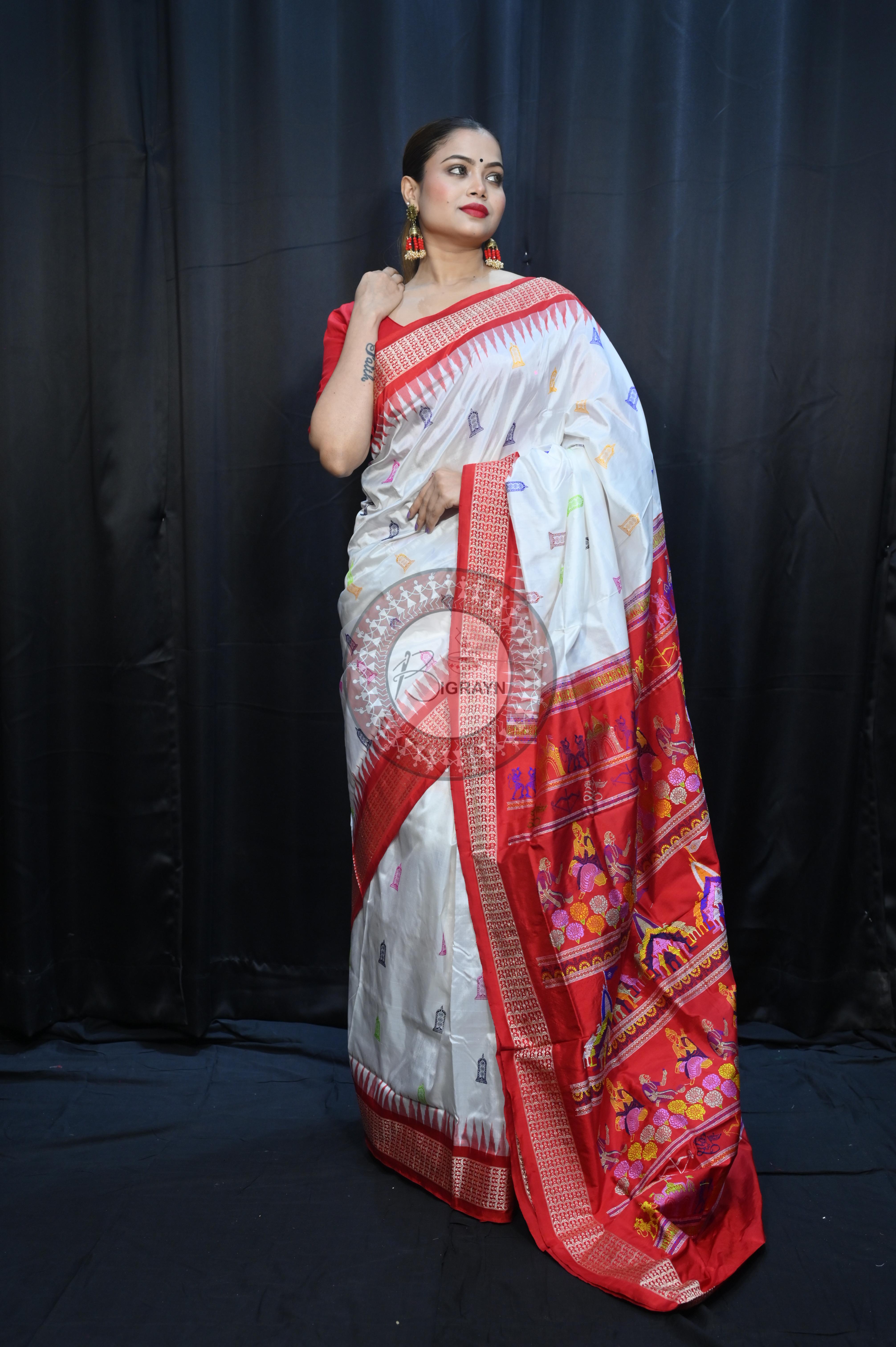 White Red Sri Ram Exclusive Sambalpuri Silk Saree