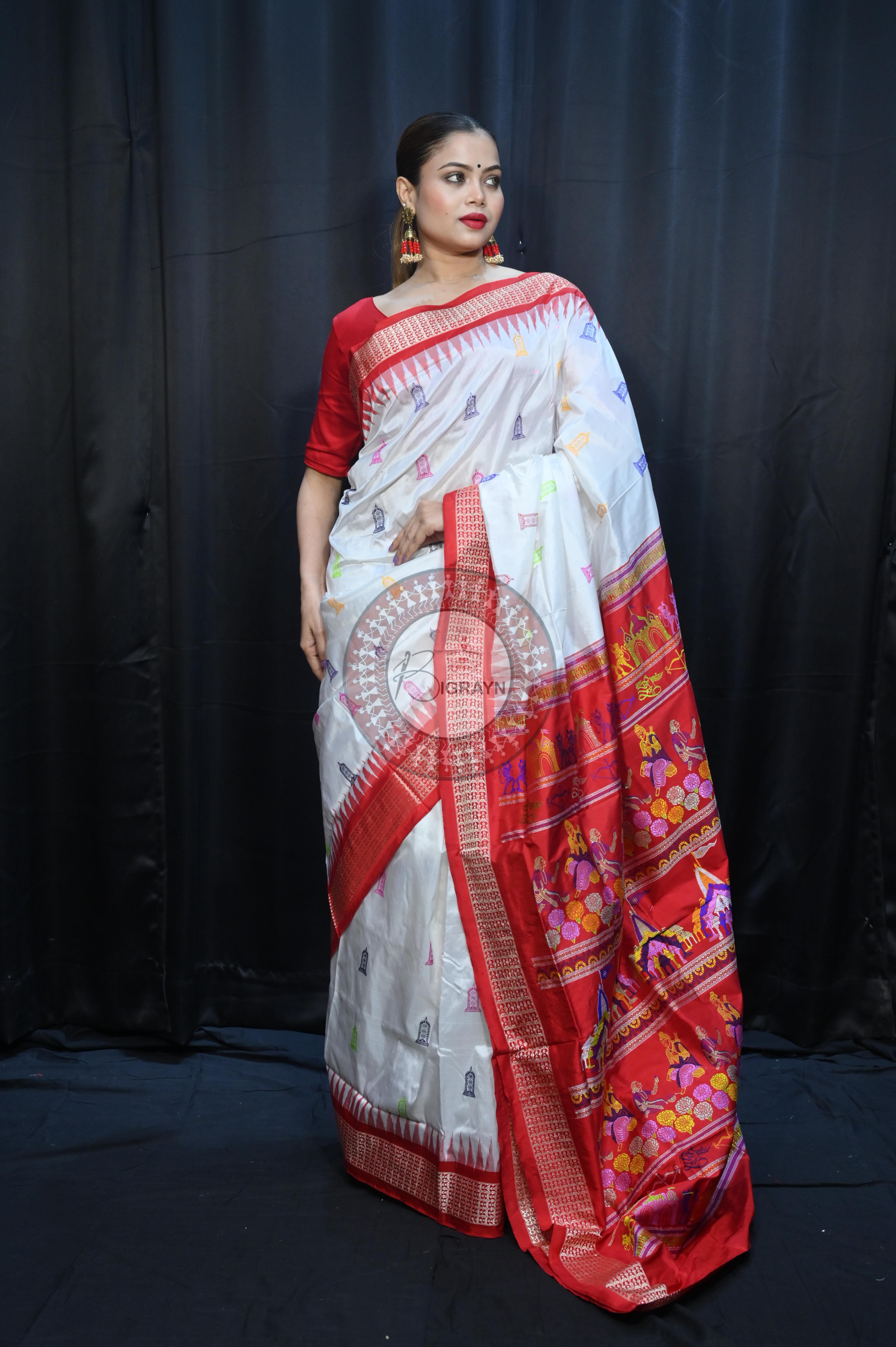 White Red Sri Ram Exclusive Sambalpuri Silk Saree