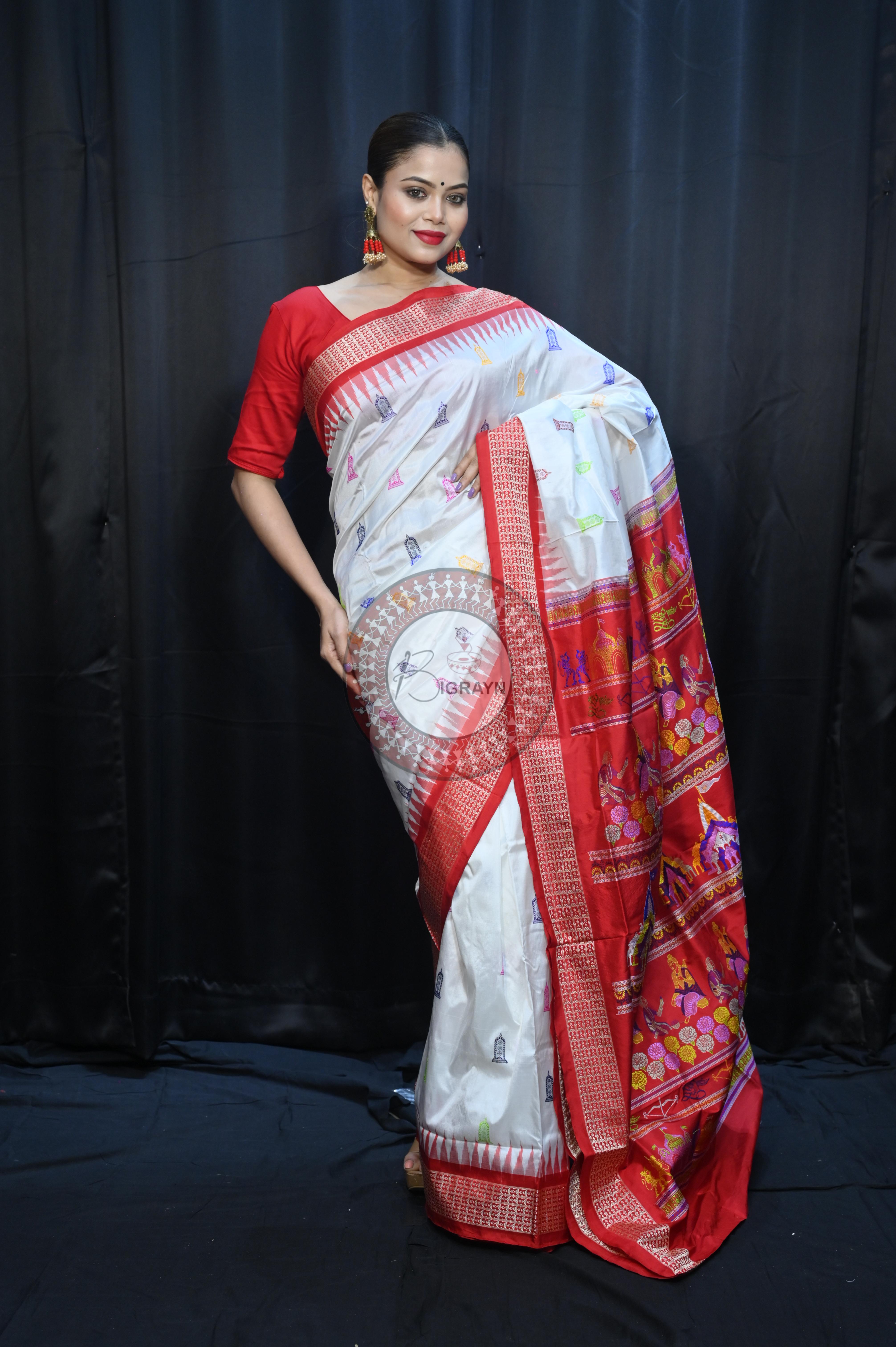 White Red Sri Ram Exclusive Sambalpuri Silk Saree