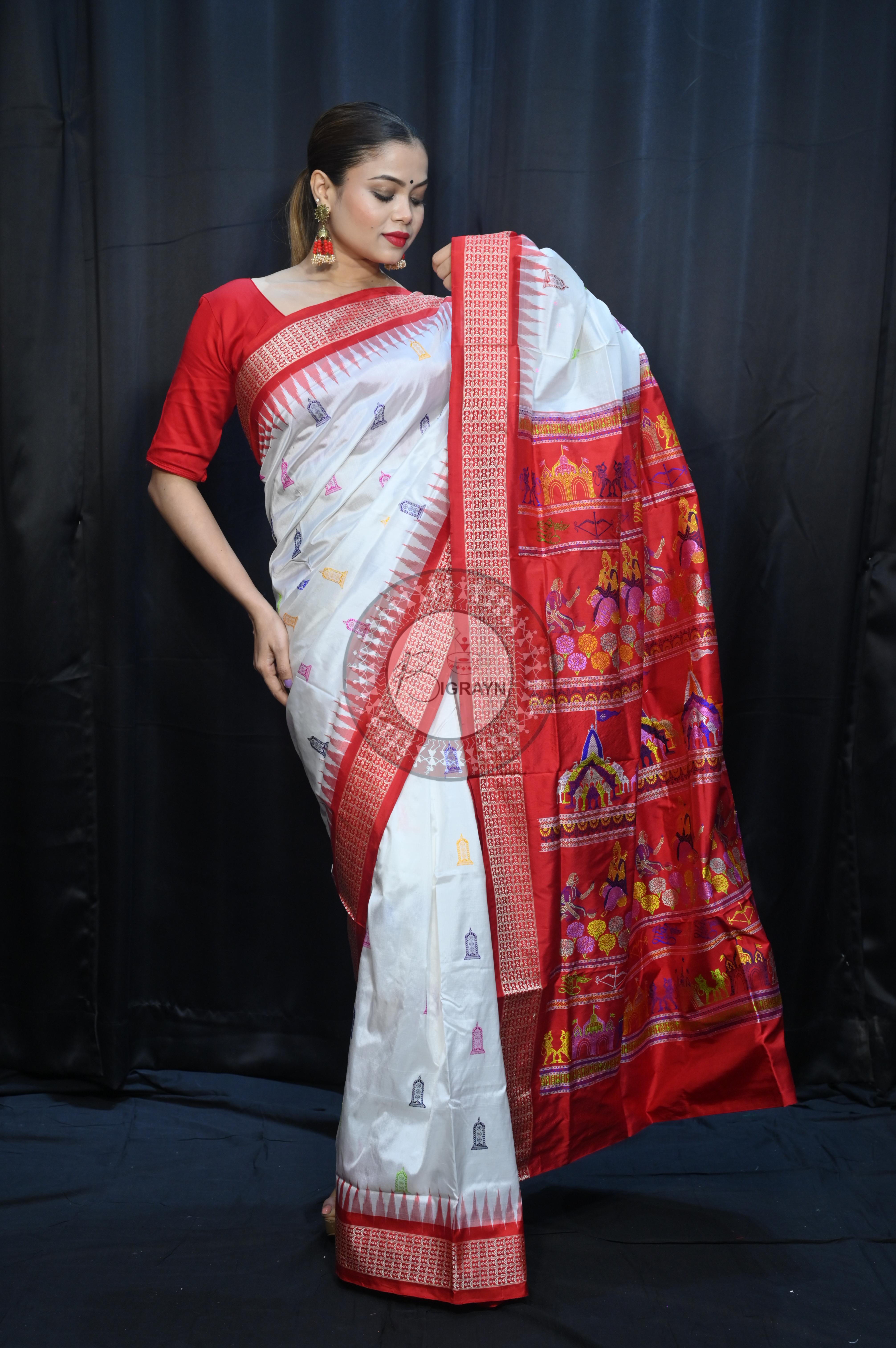 White Red Sri Ram Exclusive Sambalpuri Silk Saree