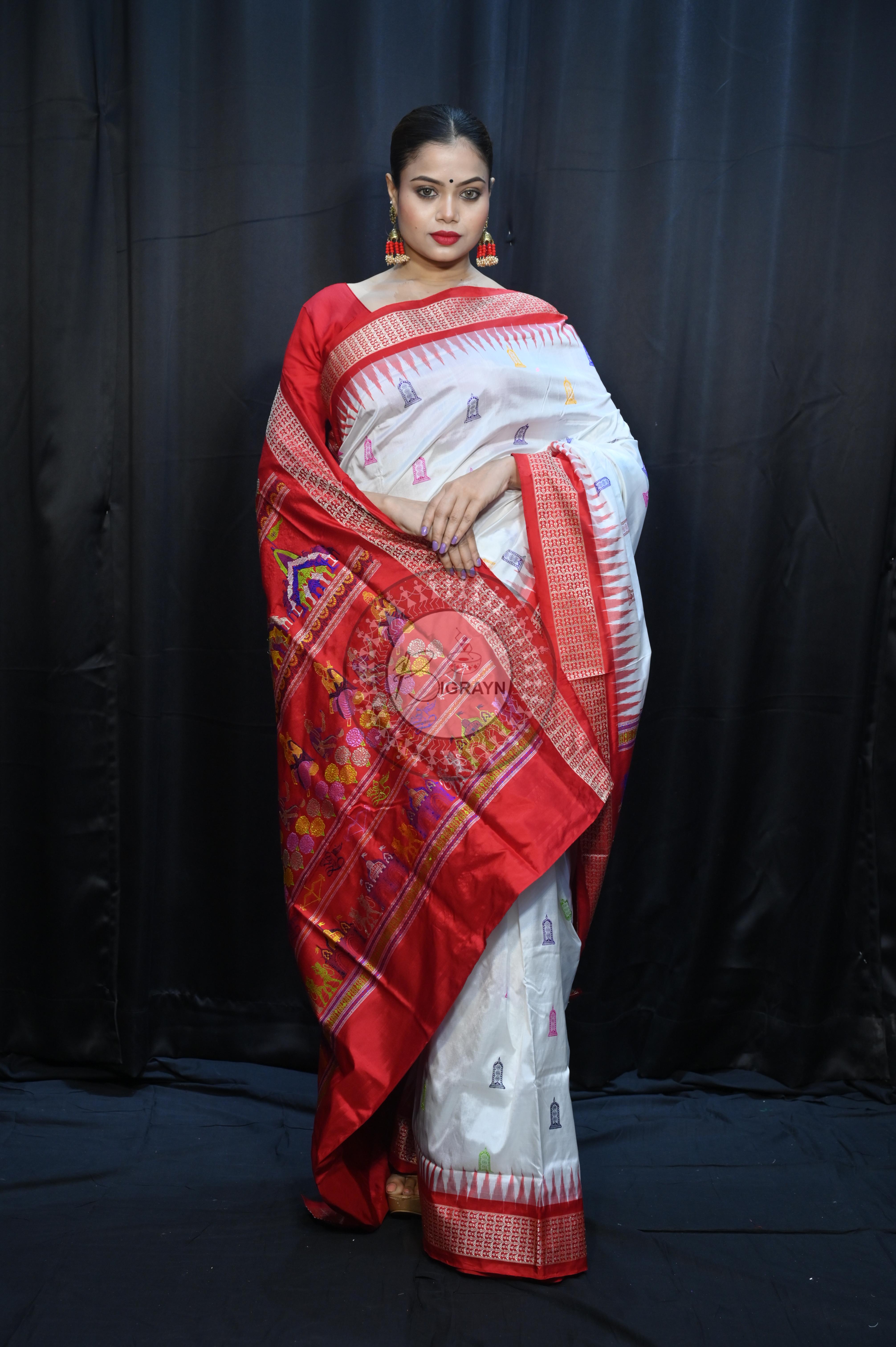 White Red Sri Ram Exclusive Sambalpuri Silk Saree